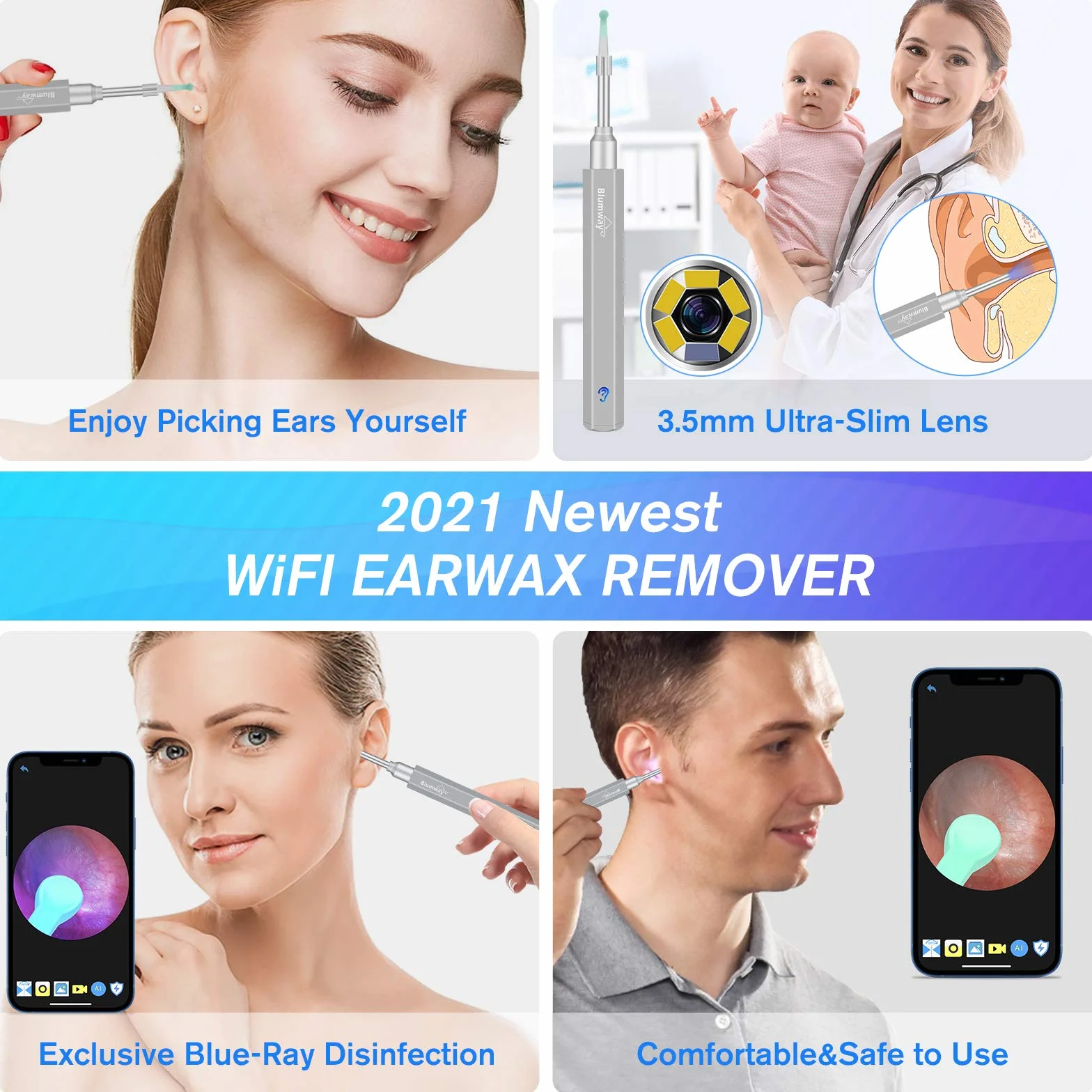 BlumWay WiFi Otoskop 3,5 mm, 1080p HD, endoskop do czyszczenia uszu, aparat z 6 diodami LED, do czyszczenia uszu, dla dzieci, dorosłych, z systemem iOS, Android (szary)