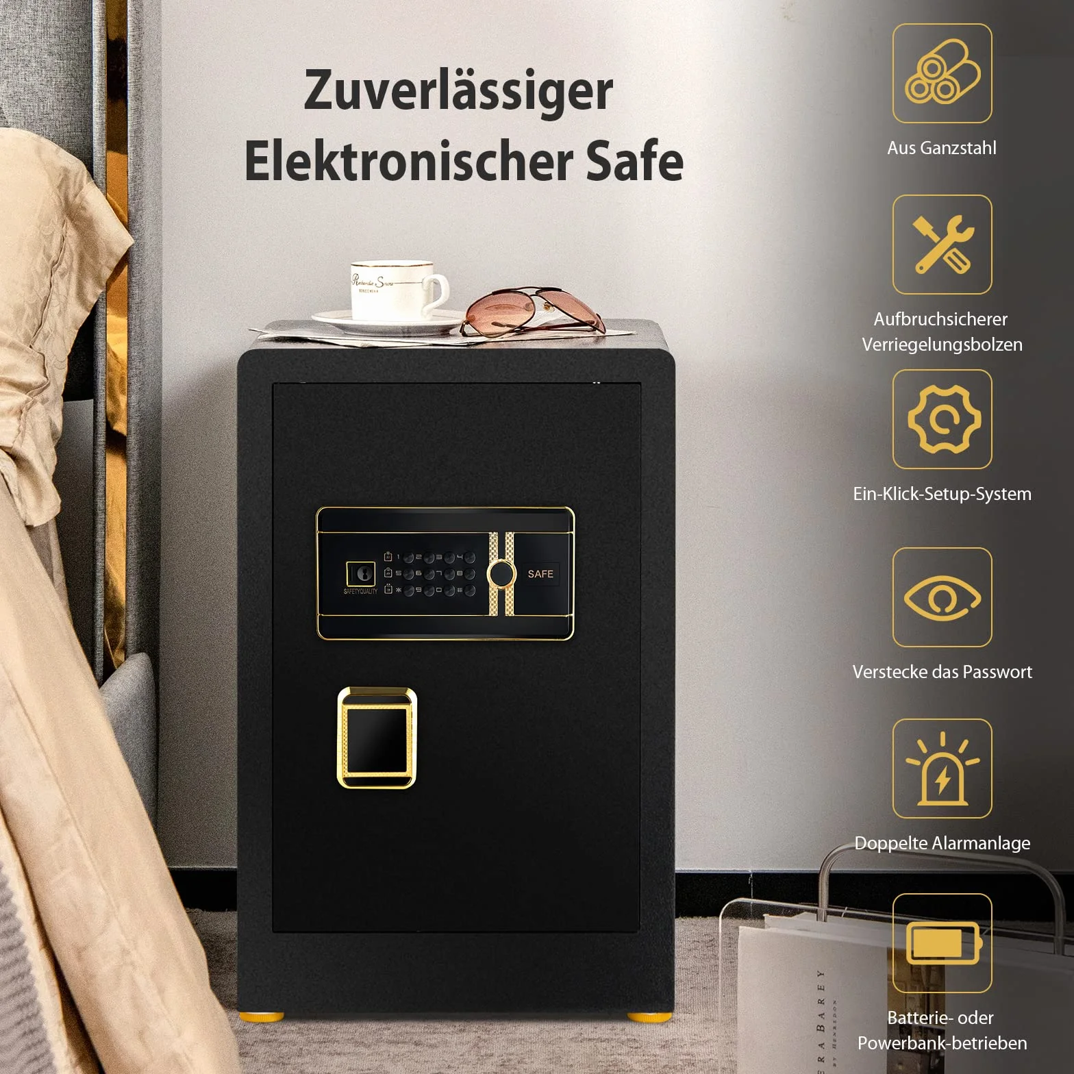 COSTWAY 42,5 l sejf z zamkiem szyfrowym, wbudowany zamykany pojemnik, zdejmowany regał, ognioodporny sejf meblowy, sejf domowy, z 2 kluczami ratunkowymi, 37,5 x 36,5 x 59 cm