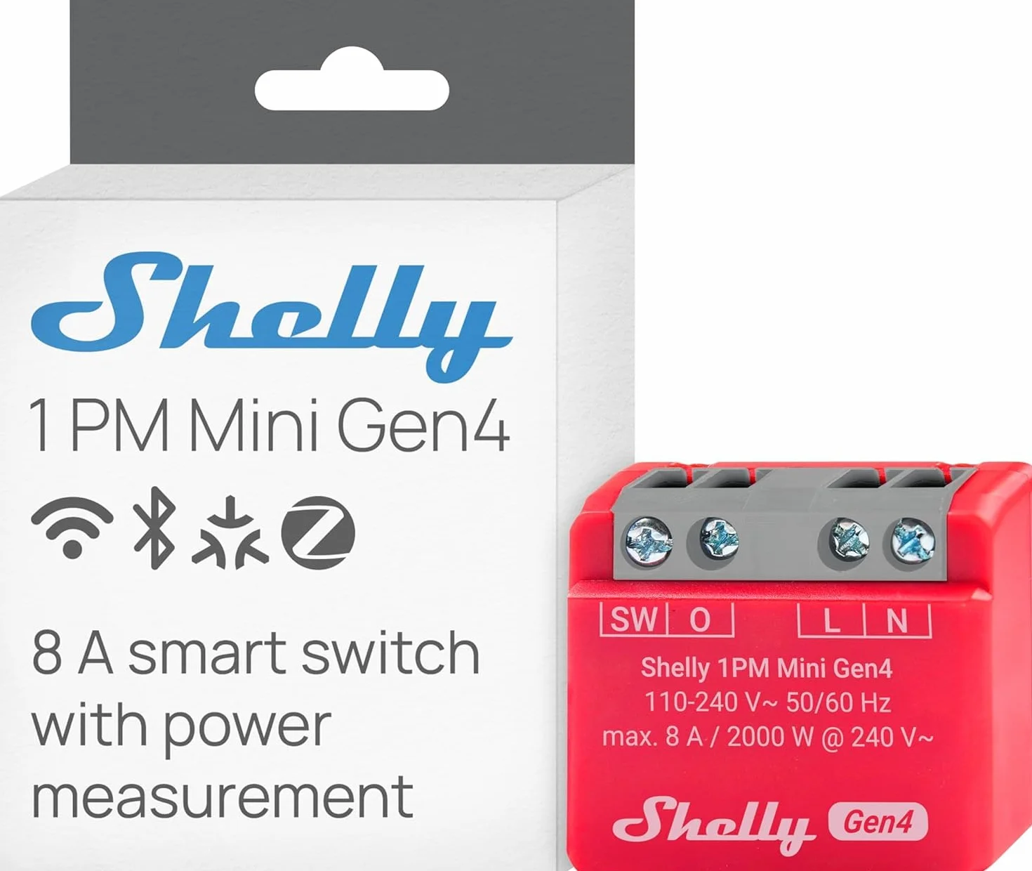 Shelly 1PM Mini Gen4, inteligentny przełącznik przekaźnikowy zasilany Wi-Fi, 1 kanał, 8 A, pomiar mocy, automatyka domowa, nie wymaga koncentratora, Alexa, Apple HomeKit & Google Home, Zigbee & Matter