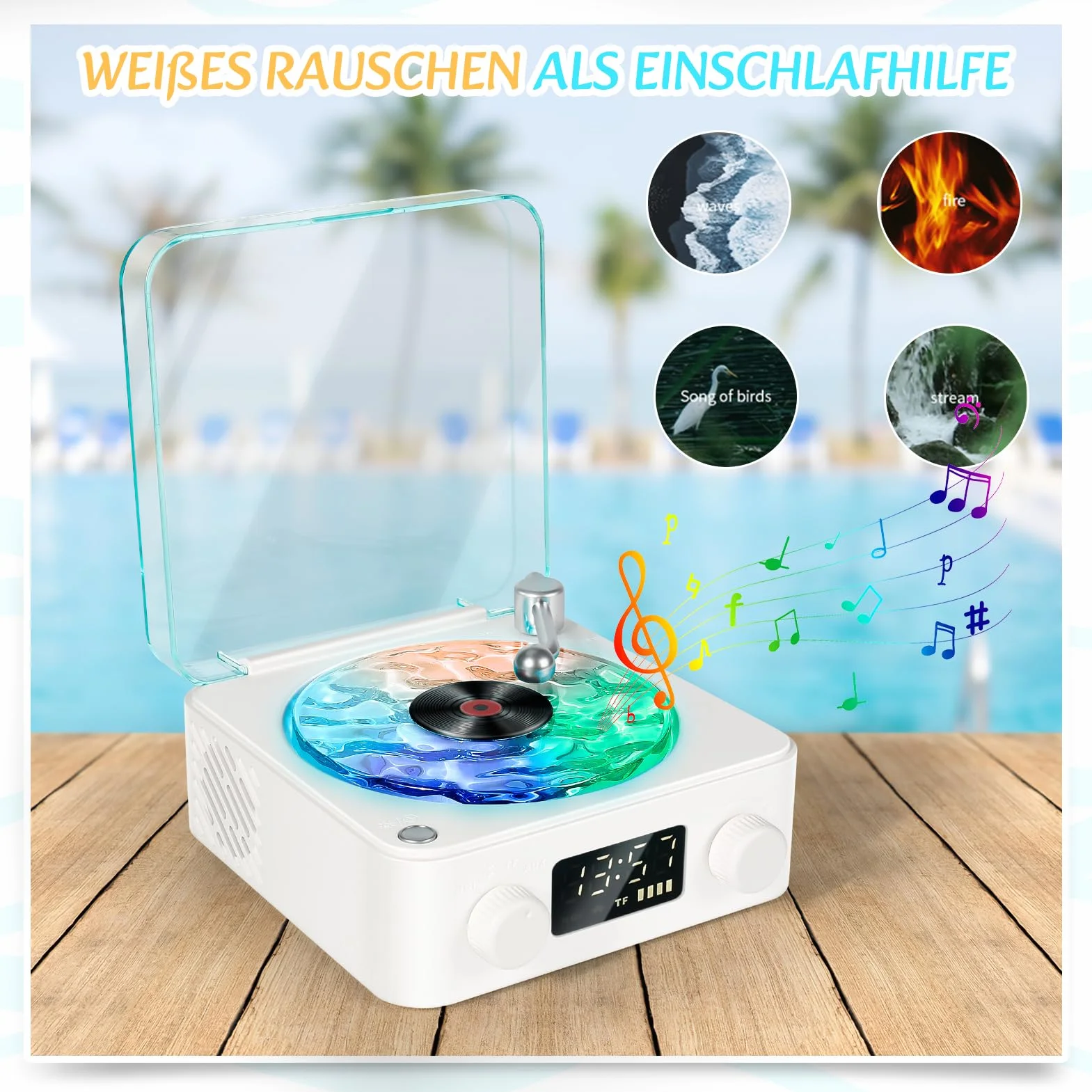 Odtwarzacz płyt winylowych Waves z głośnikiem Bluetooth i światłem Water Ripple