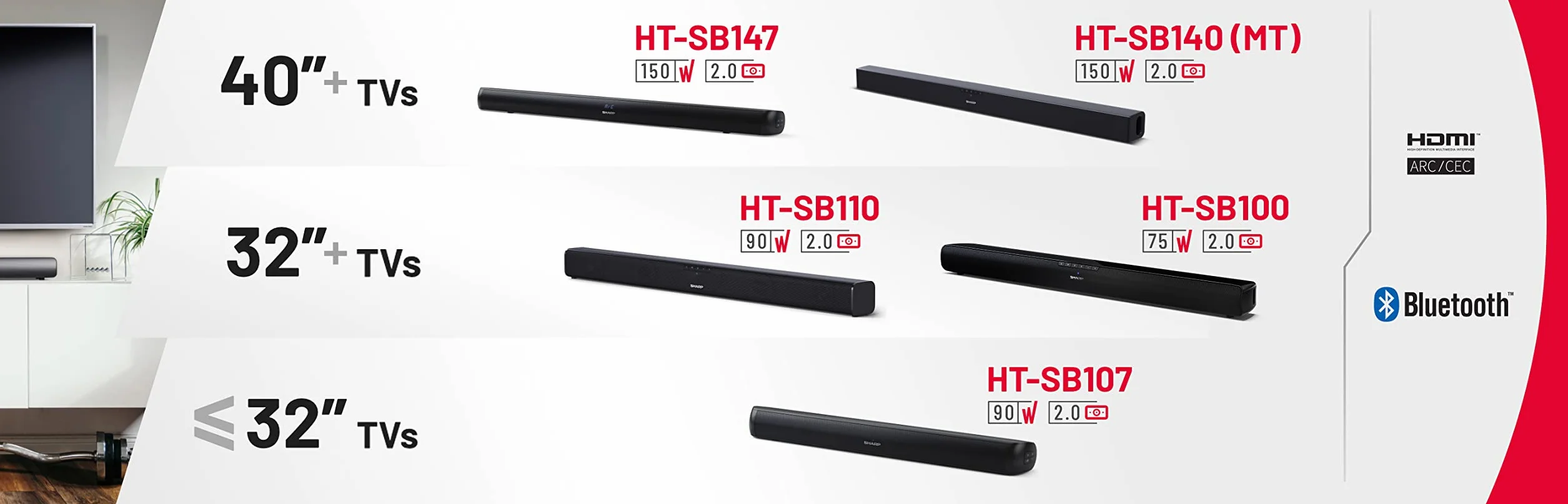 SHARP HT-SB140 MT 2.0 Soundbar 150 W 95 cm czarny HDMI ARC Bluetooth