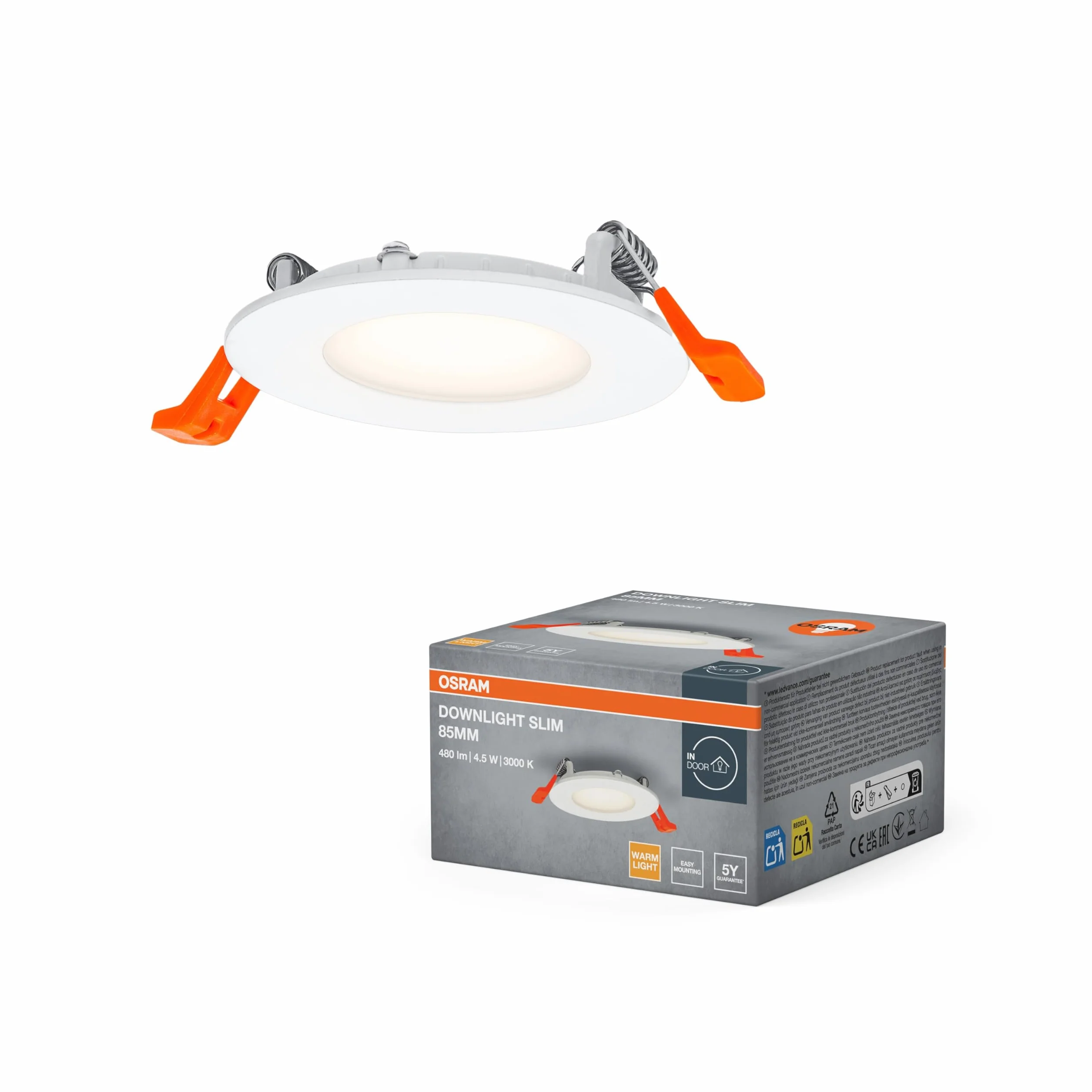 OSRAM Downlight Slim 85mm oprawa wpuszczana LED 4,5 W 3000K ciepła biel 240 lumenów płaska konstrukcja IP20 łatwa instalacja do salonów i korytarzy