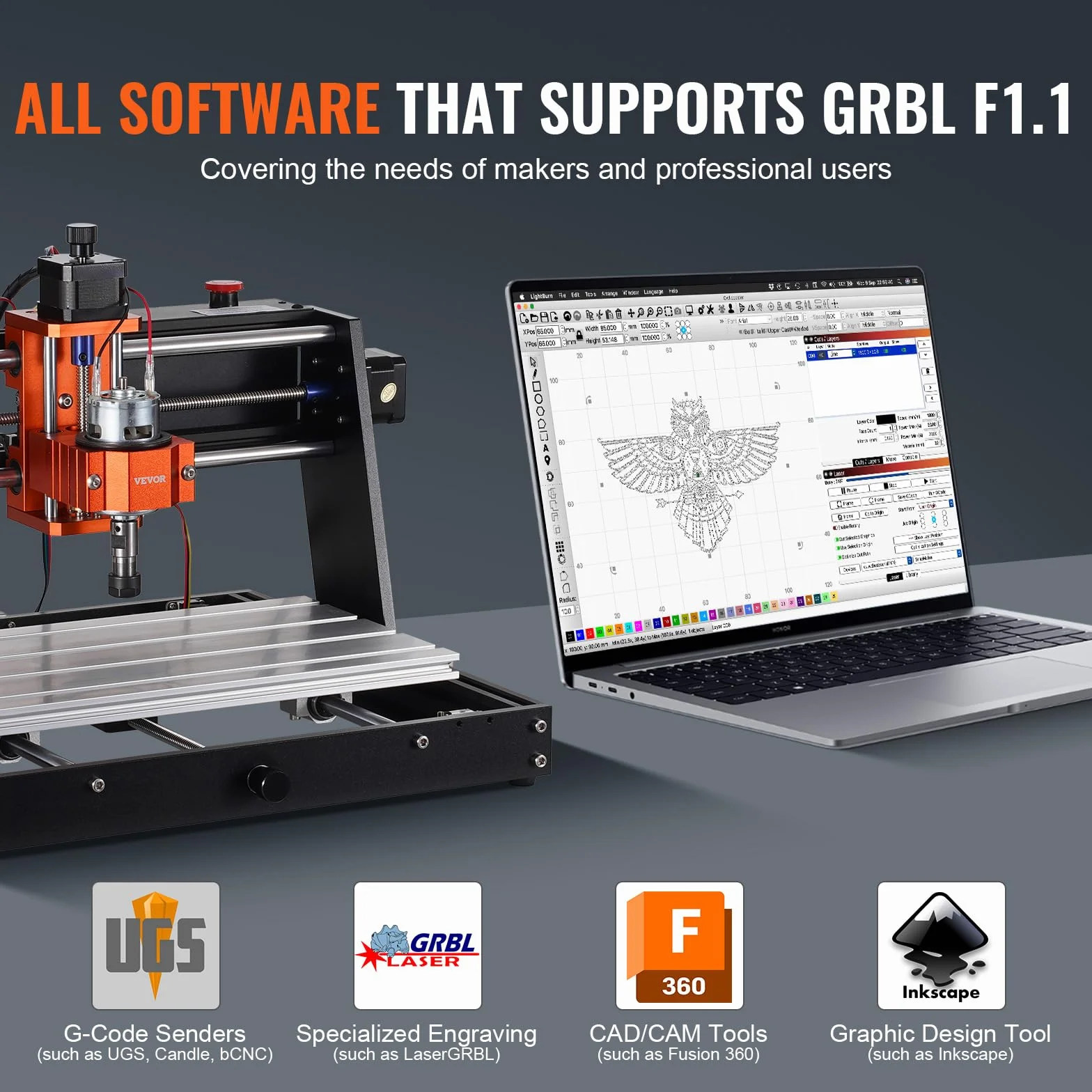 VEVOR Maszyna do grawerowania CNC 120 W, zestaw frezarki do rzeźbienia i grawerowania drewna z 3-osiową kontrolą GRBL, obszar roboczy 300 x 200 x 72 mm do drewna, akrylu, MDF, PVC, pianki z tworzywa