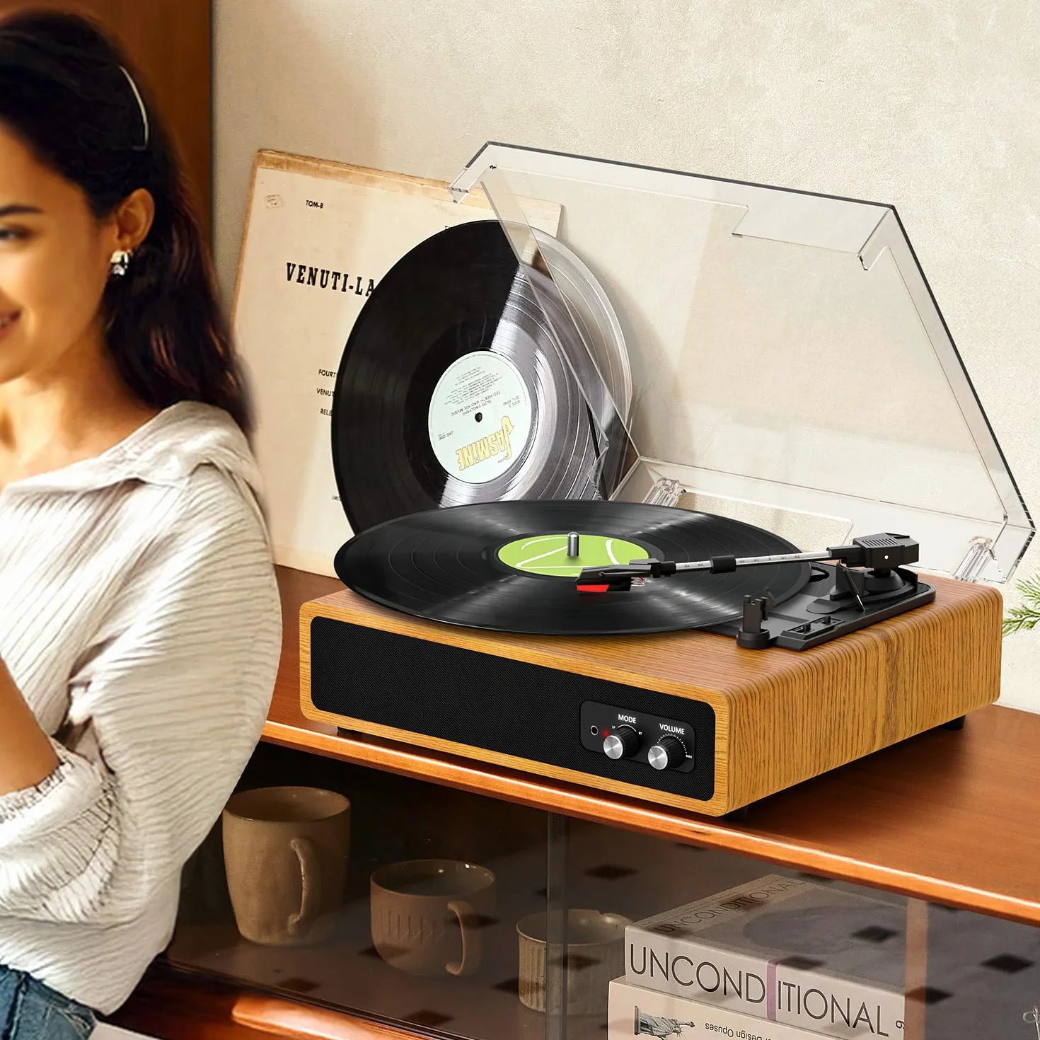 FYDEE Przenośny Gramofon Winylowy Bluetooth 3 Prędkości 33/45/78 RPM Retro Odtwarzacz z Wbudowanymi Głośnikami Stereo
