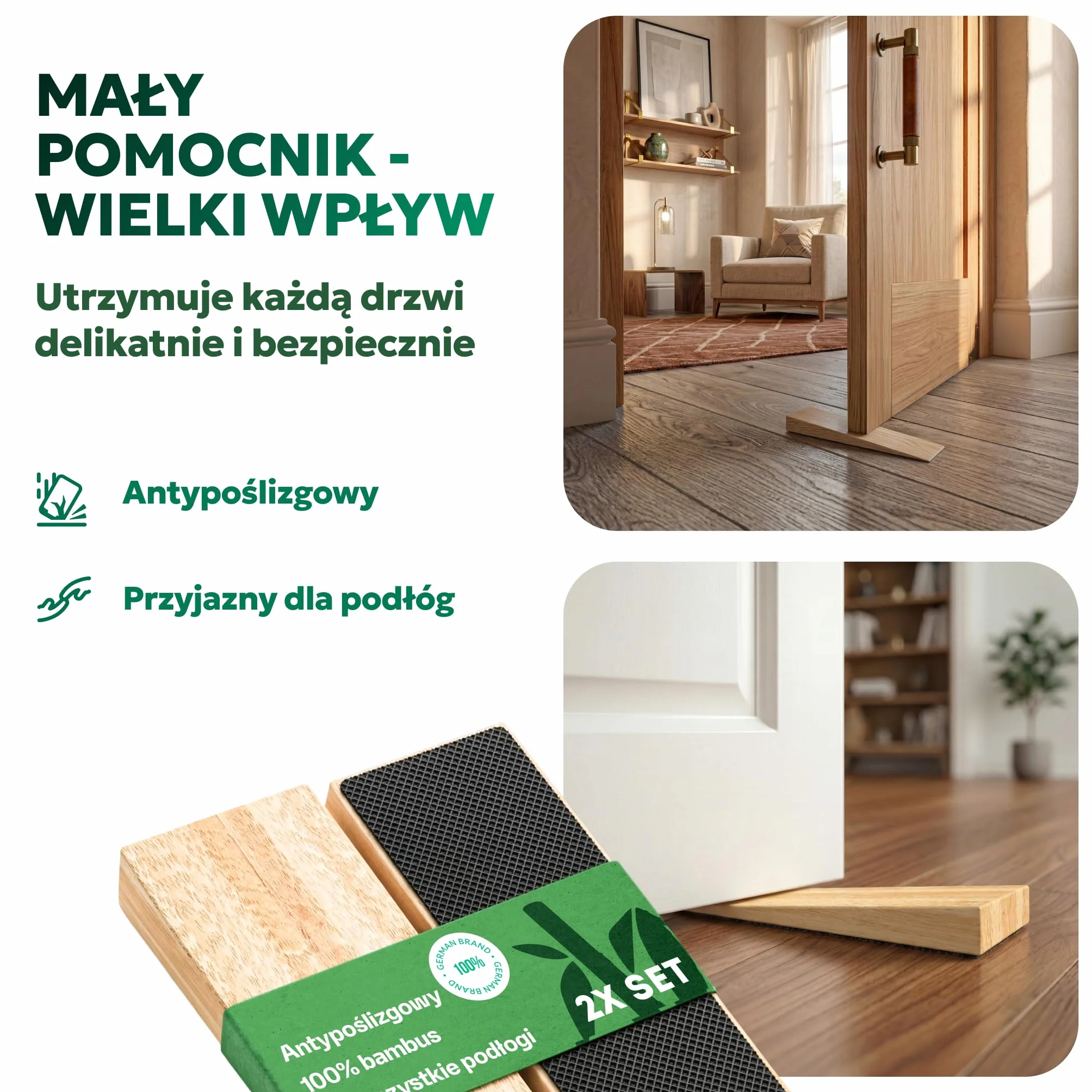 Stoper do drzwi antypoślizgowy, wykonany w 100% z bambusa FSC – zestaw 2 klinów z drewna – mocny stoper do drzwi z gumą – kliny do wszystkich rodzajów drzwi – kliny drewniane (Bambus)