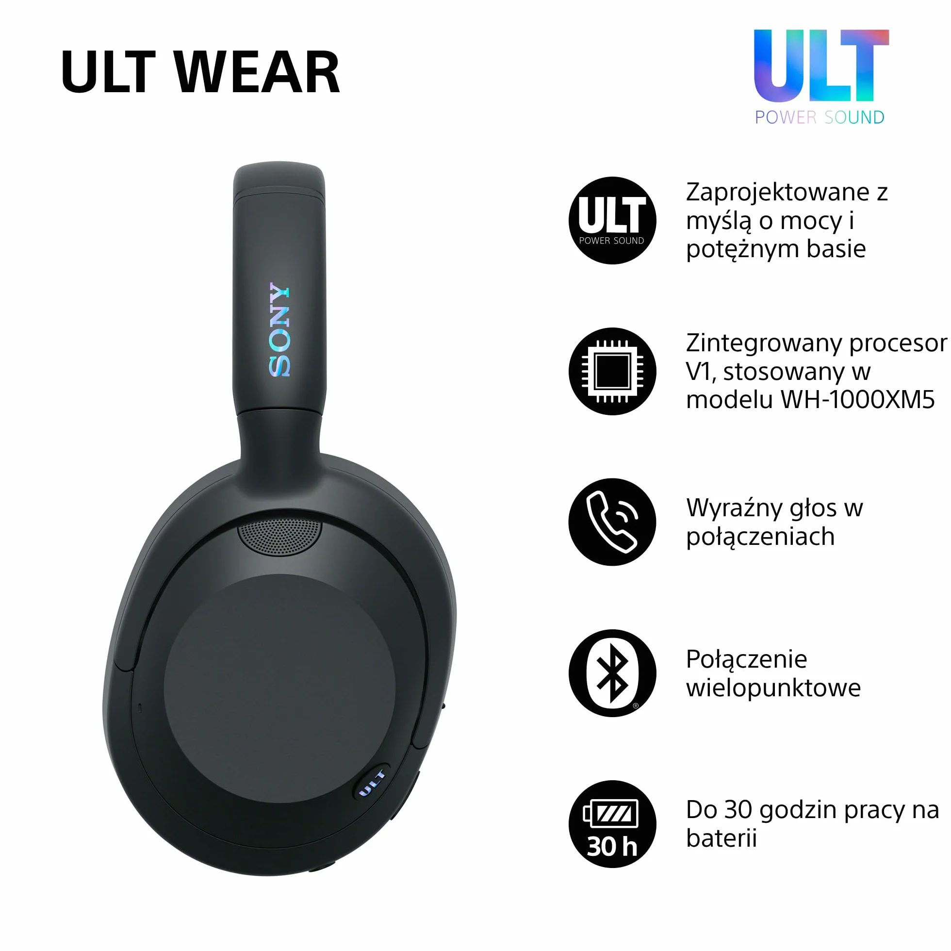 Sony ULT WEAR Bezprzewodowe Słuchawki Bluetooth z ULT POWER SOUND, Głęboki Bas, Redukcja Hałasu ANC, Rozmowy tel., Bateria do 30 godz., Kompatybilne z iOS i Android, Czarne