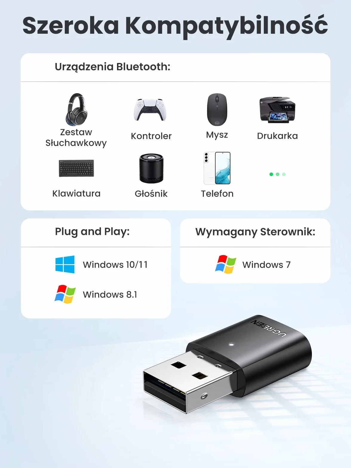UGREEN Bluetooth 5.0 Dongle USB Bluetooth do obsługi komputera Windows 11/10/8.1/7, kompatybilny z kontrolerem PS5/PS4 Pro X Box One S, Słuchawkami, Głośnikiem itp.