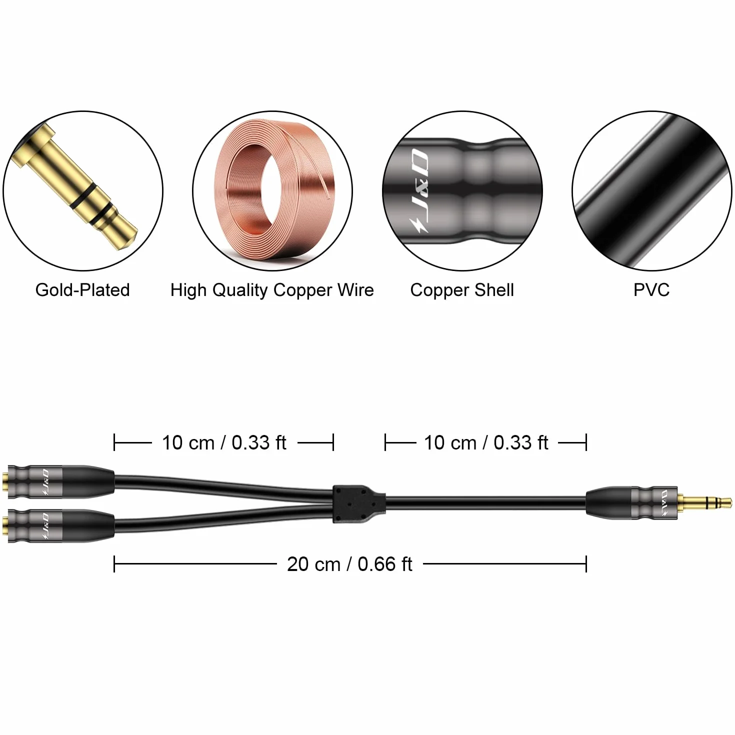 J&D 3,5 mm do 2 x 3,5 mm kabel, trwały miedziany skorupa ciężki 3,5 mm 1/8 cala TRS męski na 2 x 3,5 mm 1/8 cala TRS żeński adapter audio stereo Y kabel rozdzielacza, 0,2 metra