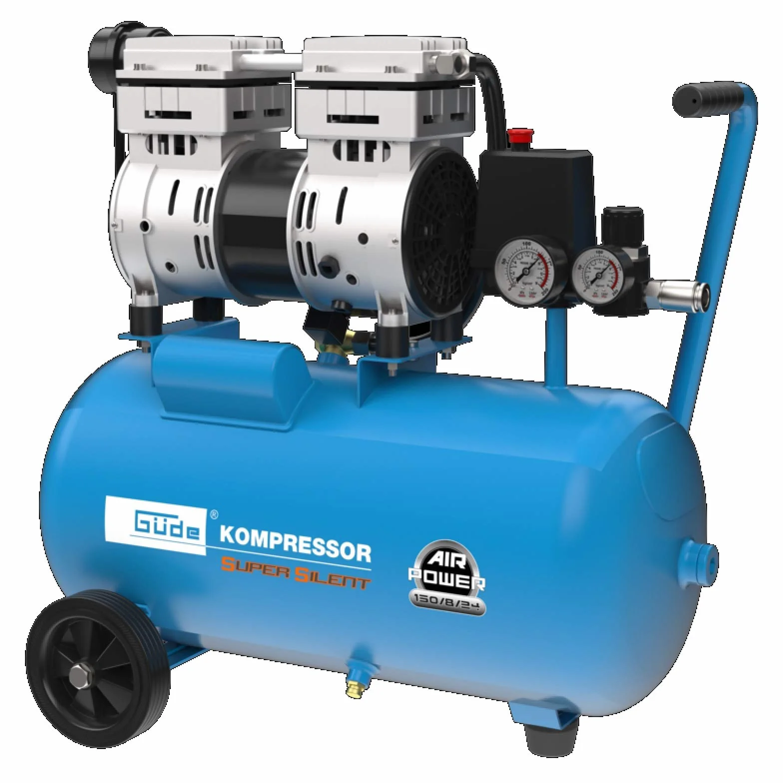 Güde 50136 sprężarka Airpower 150/8/24 Silent (podwójny agregat tłokowy z napędem bezpośrednim, 0,75 kW, 230 V, bezolejowy, 8 barów)