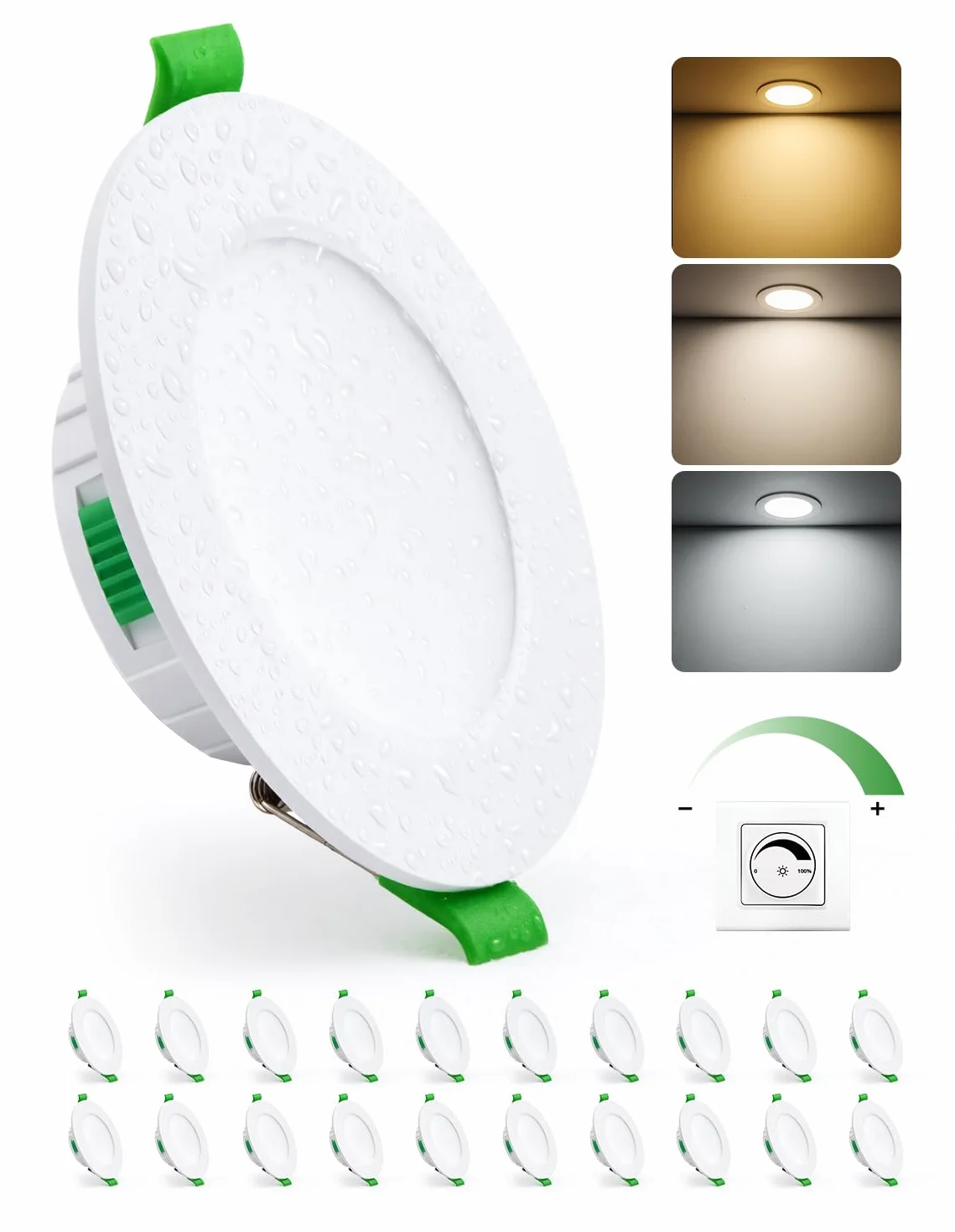 HOMEOW Downlight LED ściemniane, 5 W wewnętrzne reflektory sufitowe wpuszczane ciepła biel 2700 K, naturalne 4000K i zimne 6000 K, oko wołu IP44 łazienka, otwór 68-80 mm, bardzo płaski 25 mm
