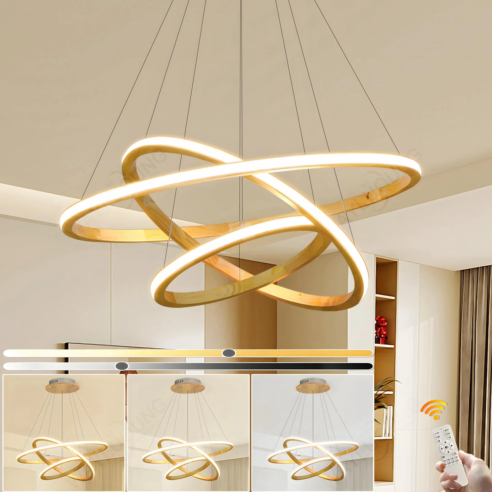 Drewniane Żyrandole LED Lampa Sufitowa, Możliwość Przyciemniania 3 Pierścieniowa Drewniana Oprawa Oświetleniowa, Regulowana Okrągła Lampa Wisząca, Wyspa Kuchenna Jadalnia Salon【40+60+80cm】