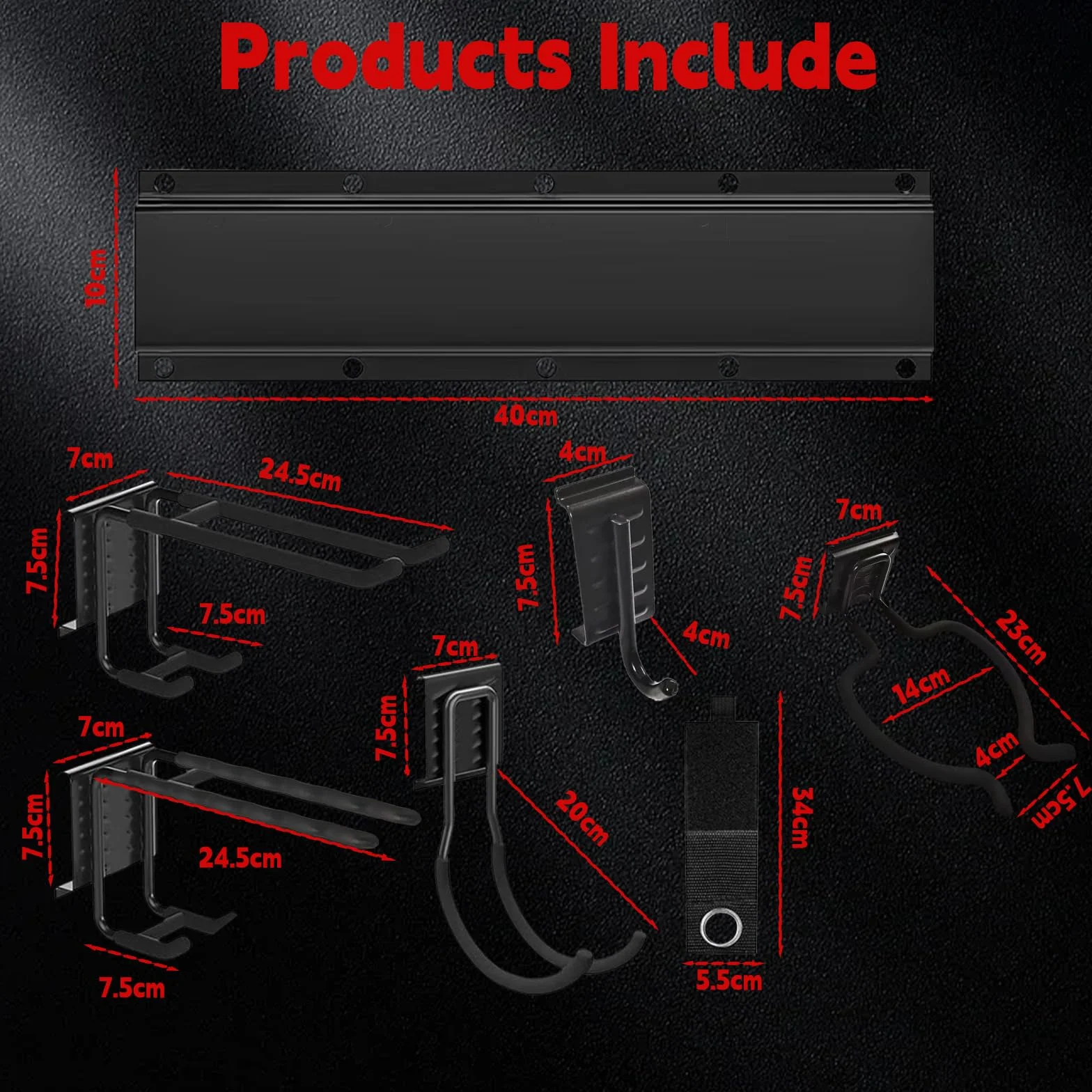 Garażowy organizer na narzędzia ogrodowe, uchwyt ścienny, 163 cm, czarny, żelazny, zawiera 4 panele z 12 haczykami, na łopaty, grabie, motyki, trymery, regulowane przechowywanie do garażu