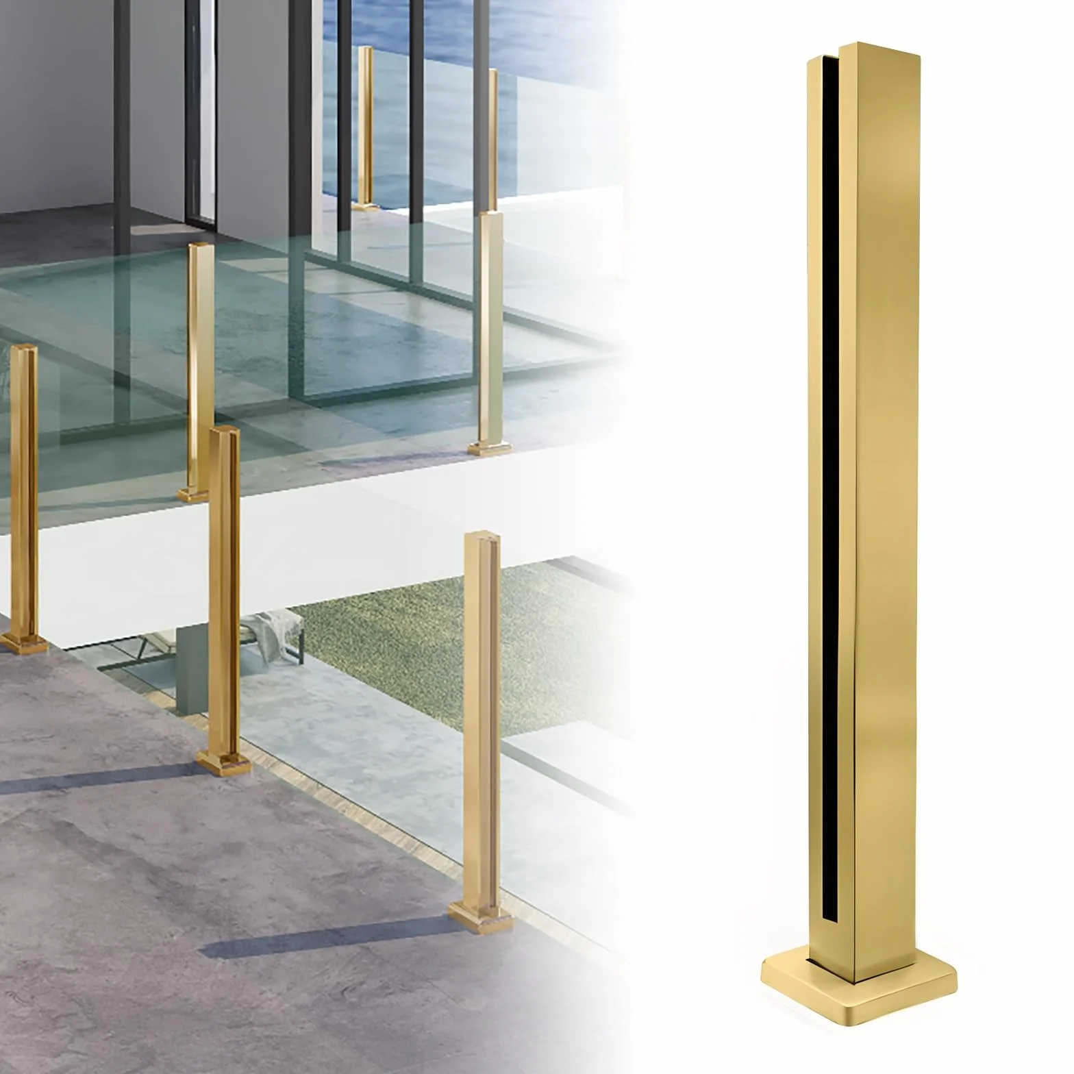 Zestaw szklanych balustrad do wnętrz/na zewnątrz, stal nierdzewna, 304, słupki z akcesoriami, wysokość 100 cm, eleganckie złote wykończenie, idealne na tarasy i patio