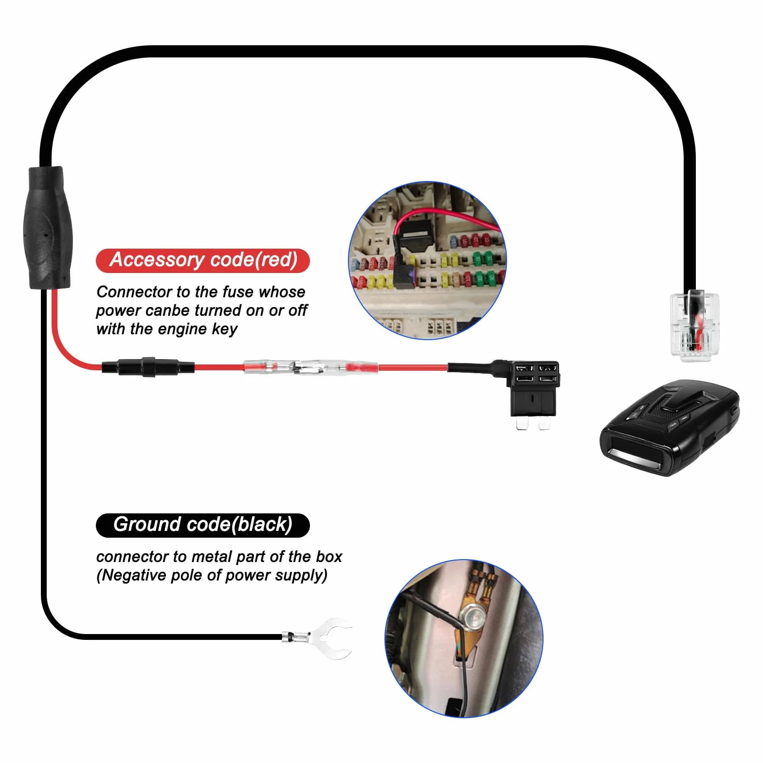 XMSJSIY RJ11 zestaw detektorów radarowych Hardwire Kit bezpośrednie okablowanie zestaw detektorów radarowych szybkie połączenie do lokalizatora GPS z 4 kranami zabezpieczającymi, kablem zasilającym i