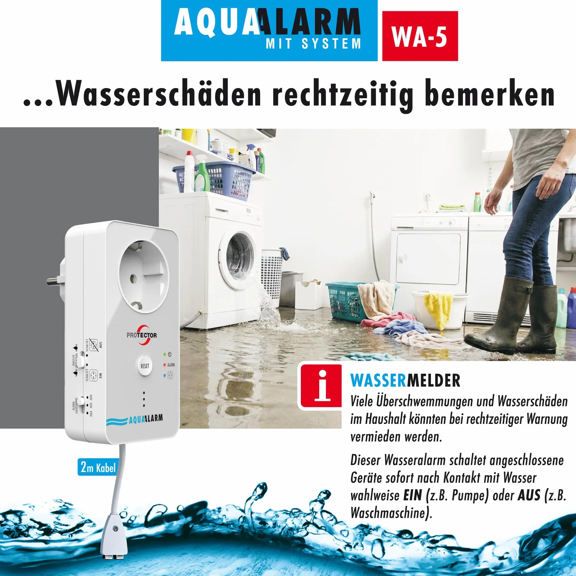 M-e modern-electronics Czujnik wody WA-5 z zewnętrznym czujnikiem zasilanym sieciowo