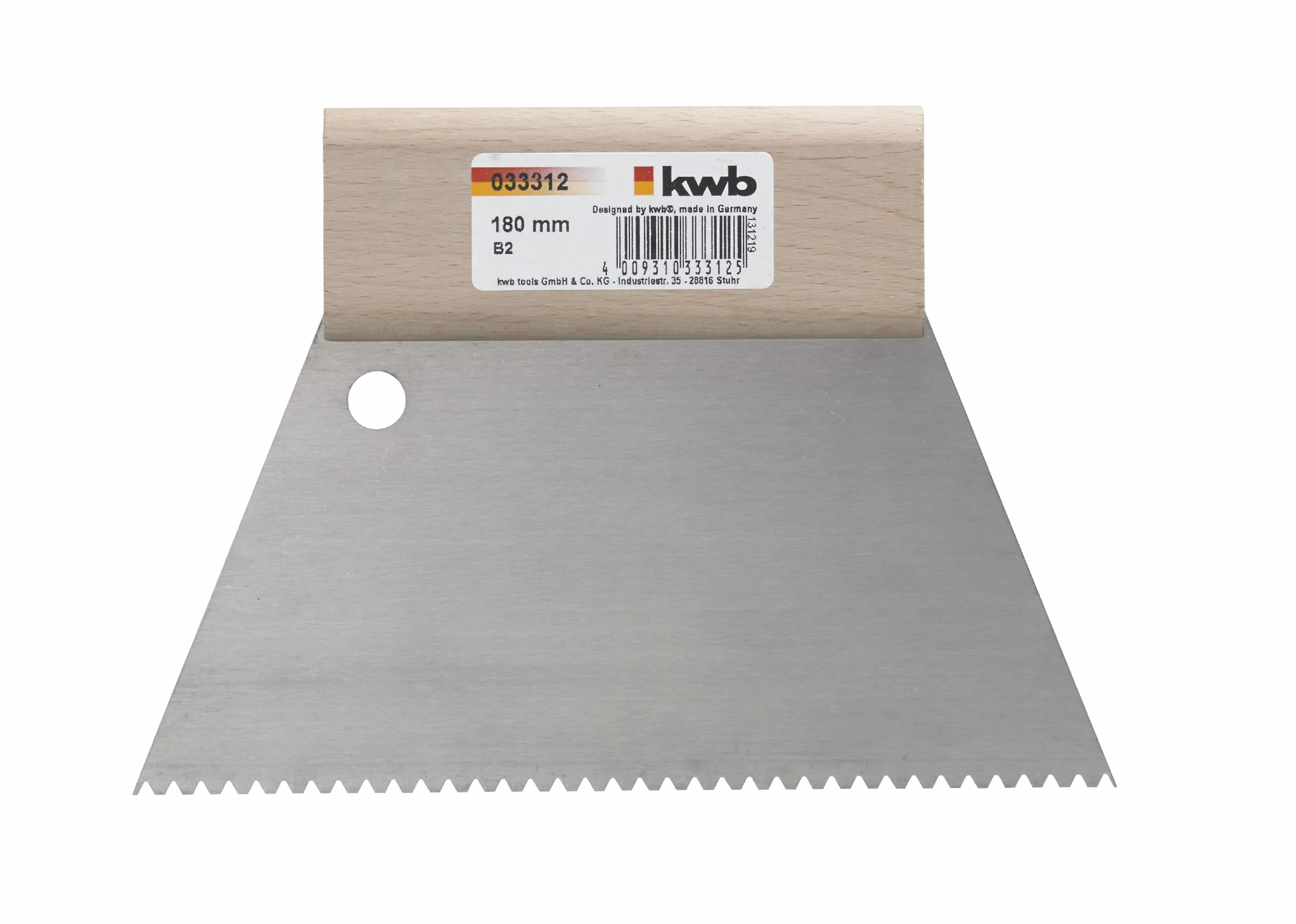 kwb Szpachla zębata 180 mm x 98 mm - szpachla trapezowa z drewnianym uchwytem - idealna do klejenia i murowania