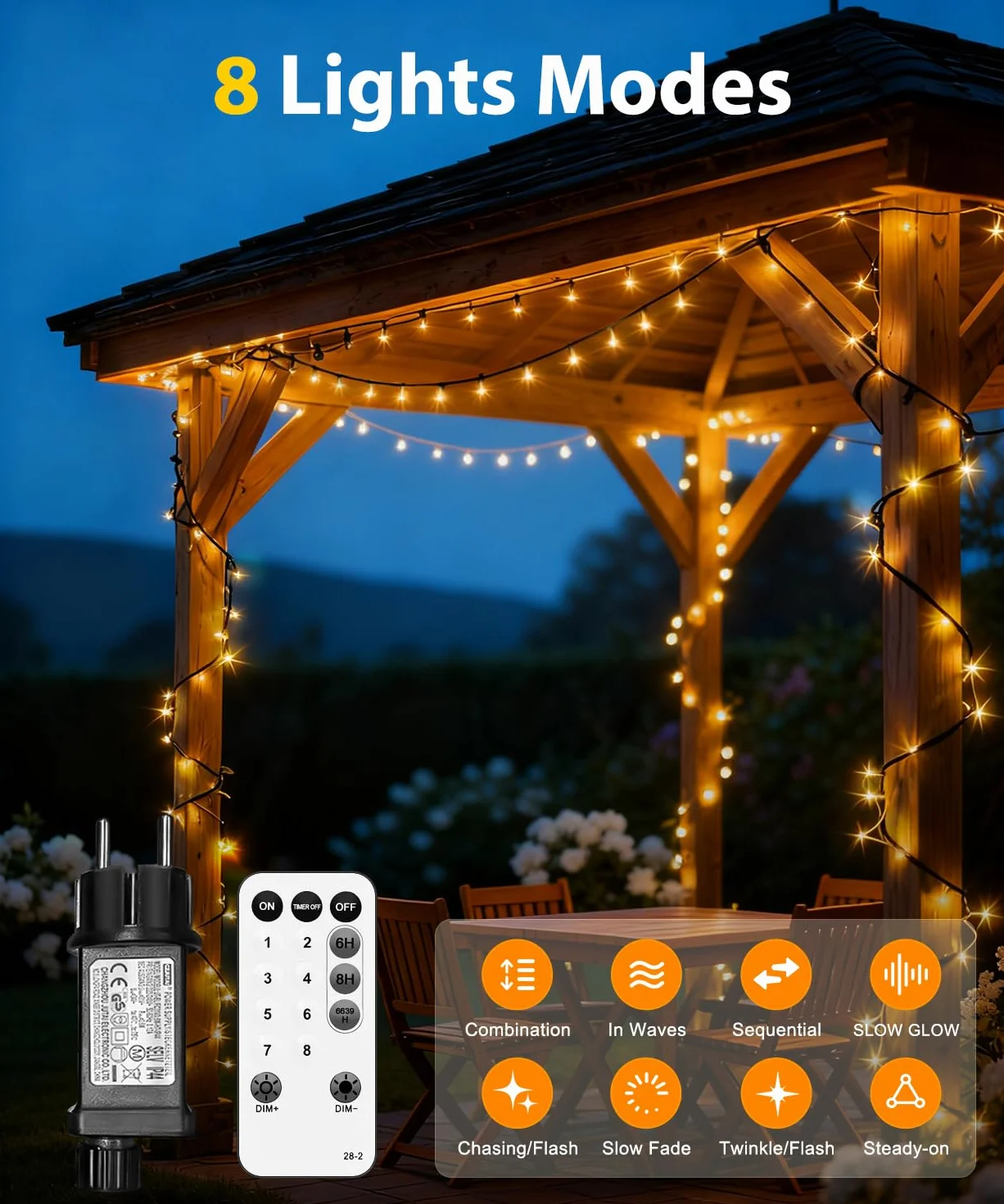Łańcuch świetlny LED 80 m, 800 diod LED, IP44 Wodoodporny z Pilotem i Pamięcią, 8 Trybów i Timer, Ciepłe Białe Światło do Ogrodu, Wesela, Świąt i Przyjęć