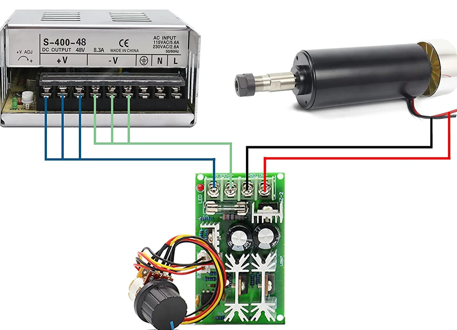 RATTMMOTOR Silnik wrzecionowy 500 W, silnik wrzecionowy CNC 52 mm 48 VDC ER16 chłodzenie powietrzem 12000 obr./min + 8 mm ER16 tuleja zaciskowa do samodzielnego grawerowania/frezarki CNC