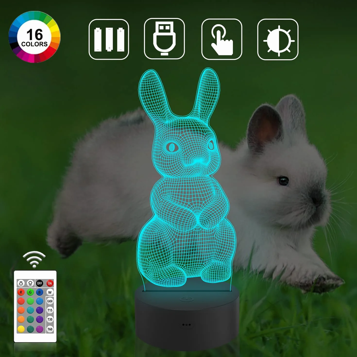 CooPark Lampka nocna dla dzieci, królik robak, hologram, iluzja, lampka nocna LED, pilot zdalnego sterowania, 16 zmieniających się kolorów, najlepszy prezent na Boże Narodzenie, Wielkanoc, urodziny