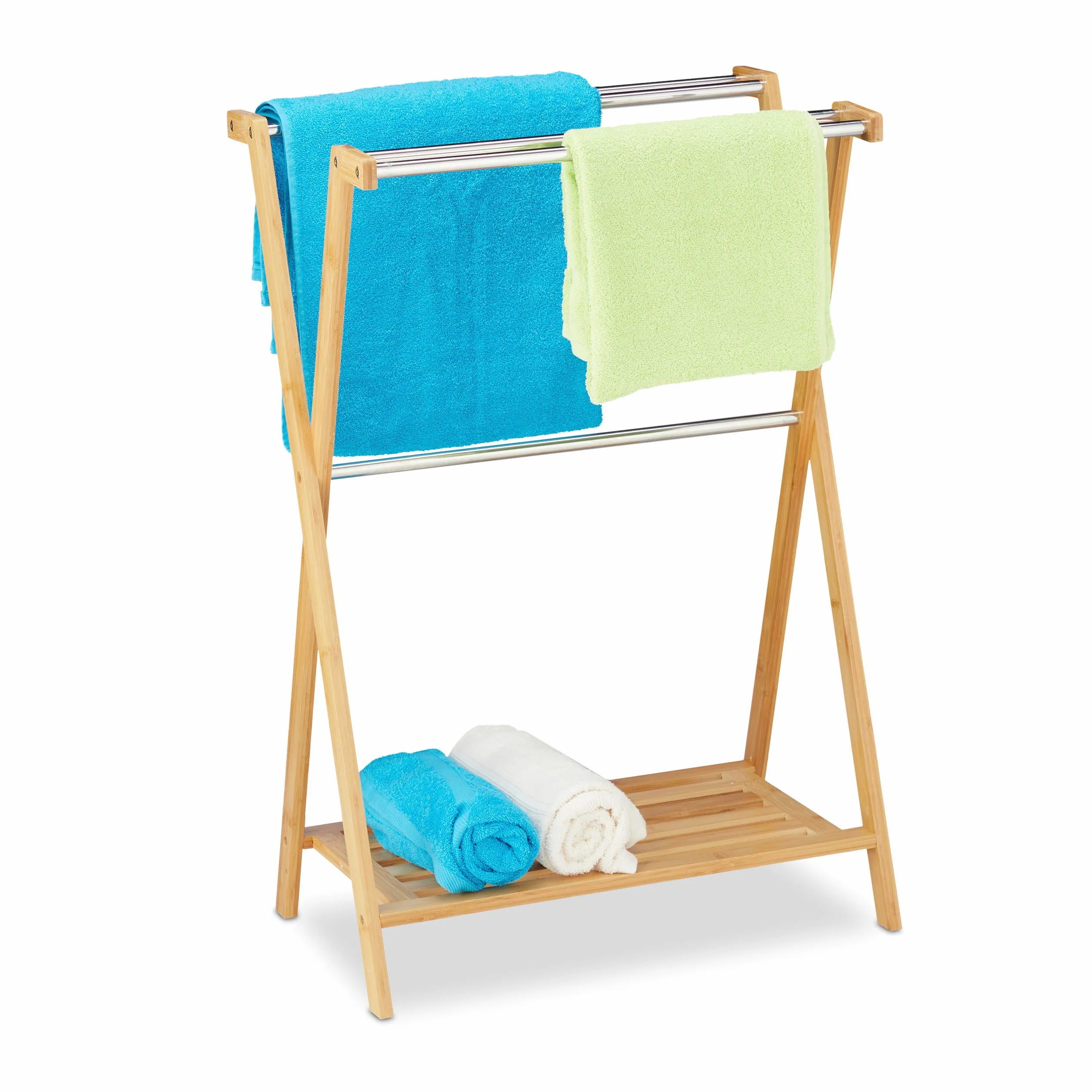 Relaxdays Wieszak na ręczniki stojący, 5 drążków, bambus, stal nierdzewna, wieszak na ręczniki łazienkowe z półką, wys. x szer. x gł.: 87 x 58,5 x 36 cm, naturalny