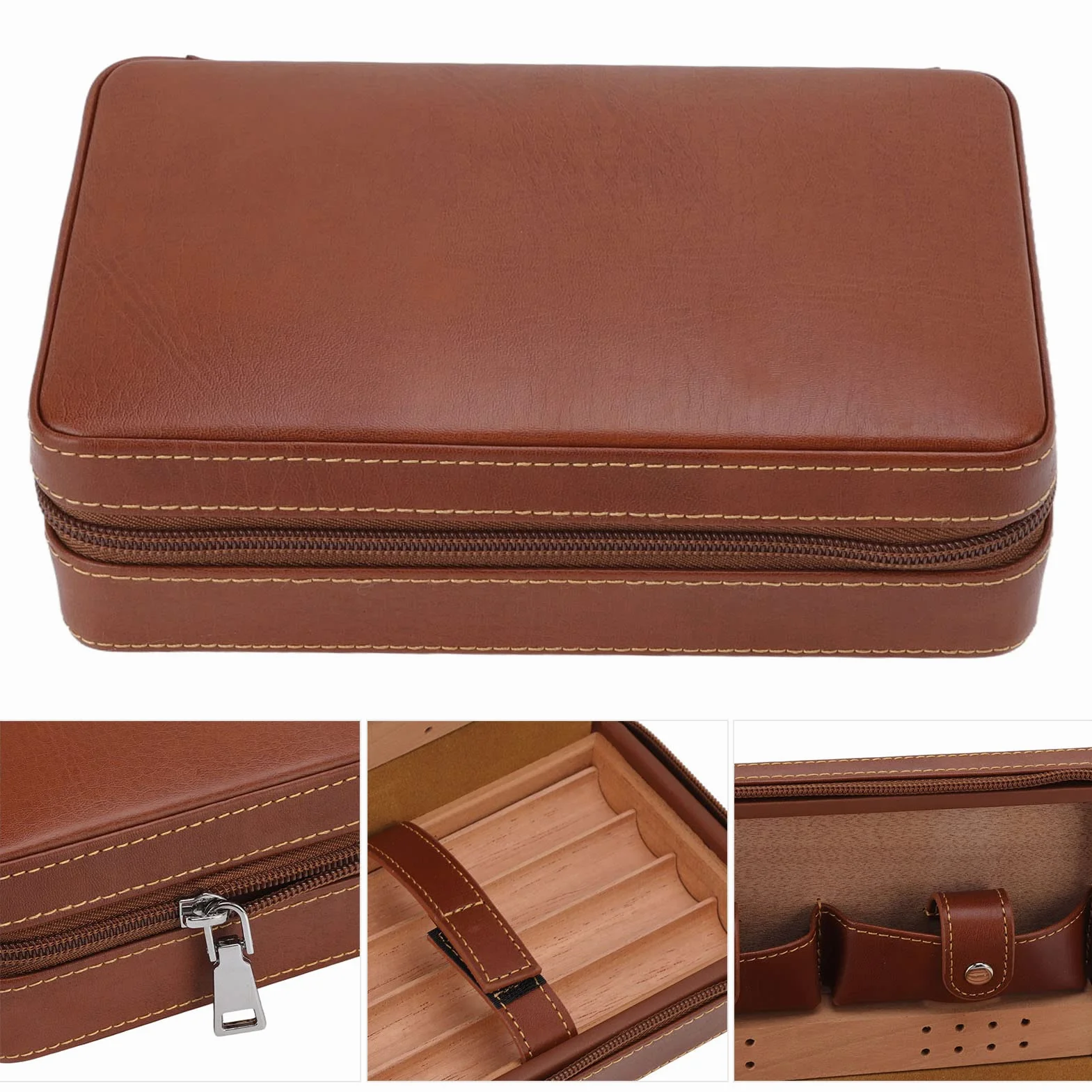 Humidor podróżny na cygara, etui na cygara, humidor na cygara, brązowe, przenośne, z podszewką z drewna cedrowego, nawilżacz powietrza, pudełko na cygara z torbą do przechowywania w podróży