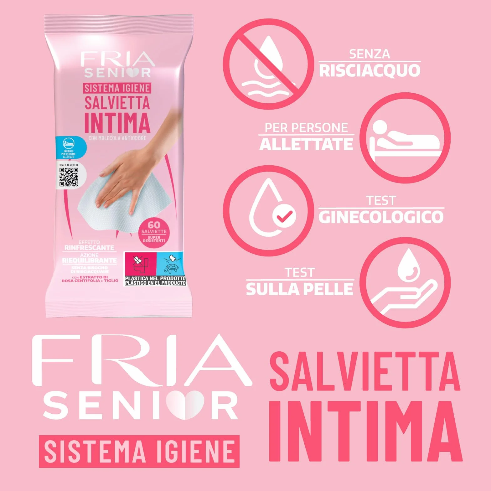 Chusteczki do higieny intymnej dla osób starszych - z ekstraktami z róży Centifolia i lipy - działanie równoważące - bezzapachowe, rozmiar: 60 chusteczek - FRIA Senior