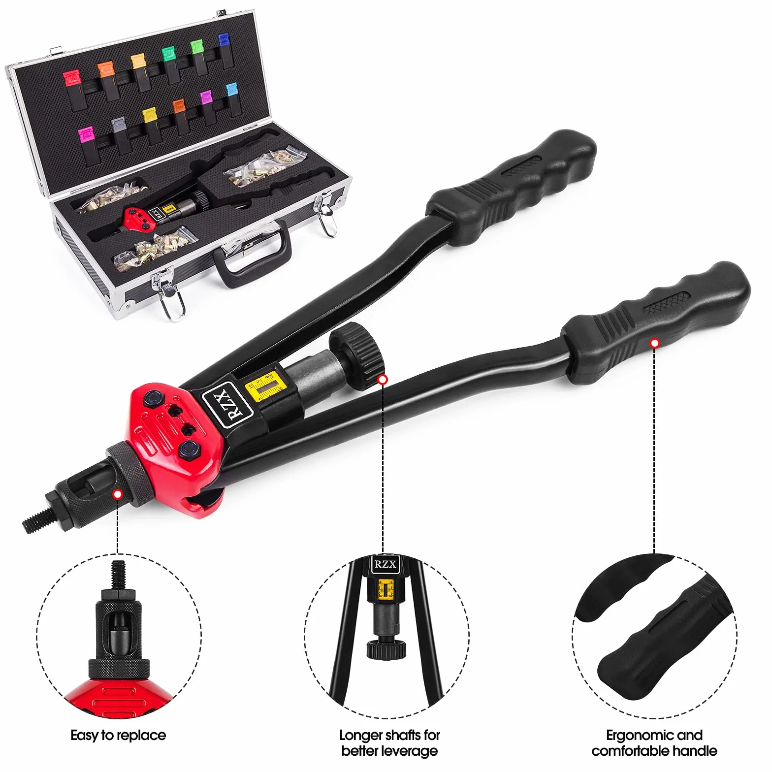RZX 16" RIVET NUT TOOL Hand Blind Riveter,RIVNUT Riveting Tools with Nut Setting System totally 12mandrels M3 M4 M5,m6,m8,m10 M12, 10-24, 1/4-20, 5/16-18,3/8-16,1/2-13 +115PCS Rivets Nuts