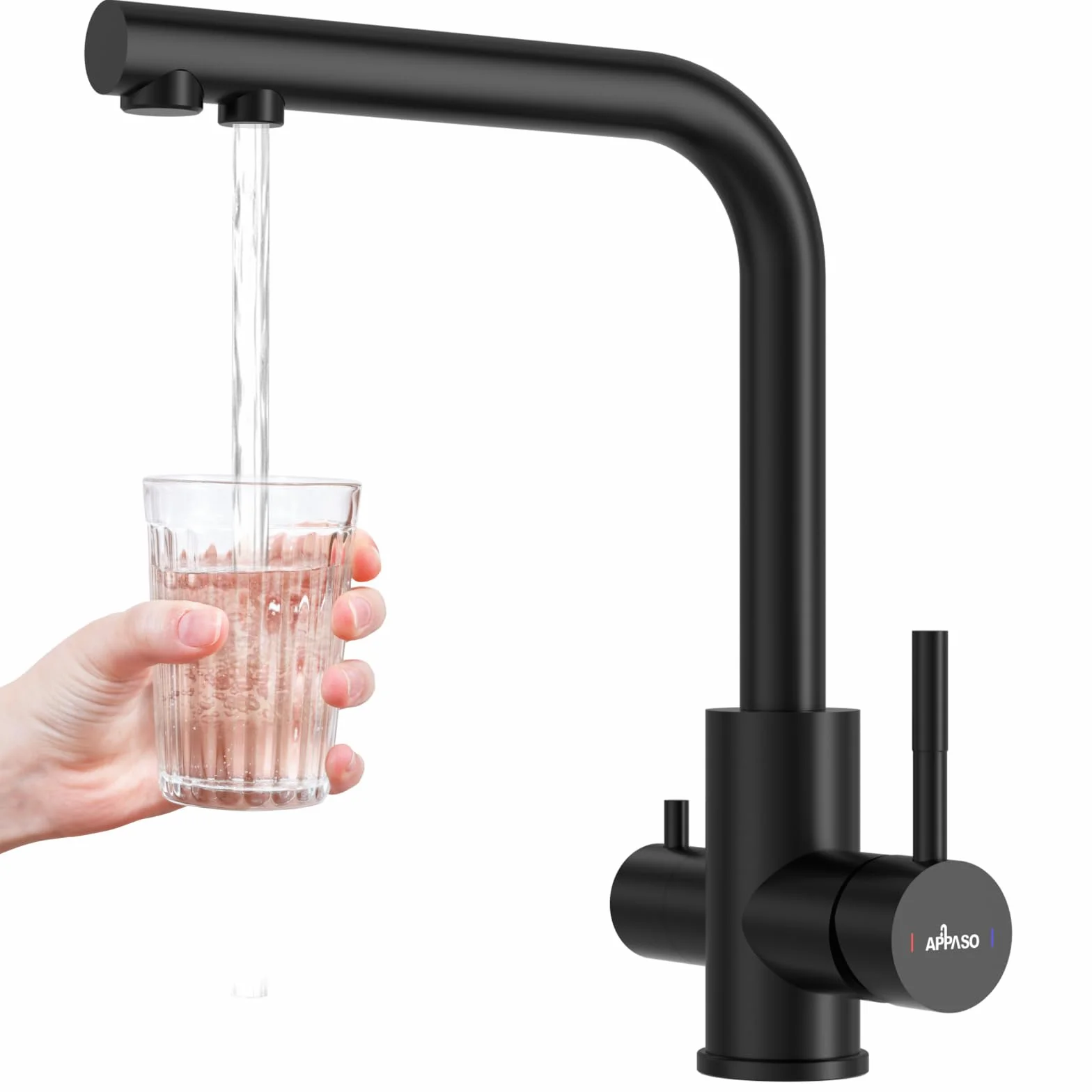 APPASO 3-drożny kran kuchenny czarny, bateria mieszająca 3 w 1 do filtra wody, obracana 360°, stal nierdzewna