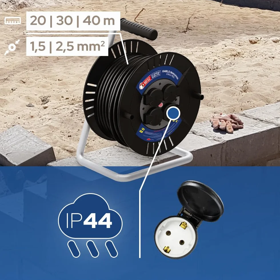 Przedłużacz Bębnowy Budowlany 40 m Mocny IP44 - Rolka Kablowa z 4 Gniazdami Schuko 3×2,5 mm² - Bęben Kablowy Ogrodowy 230V 3300W - Przedłużacz Zewnętrzny do Ogrodu, Garażu - Horoz Electric