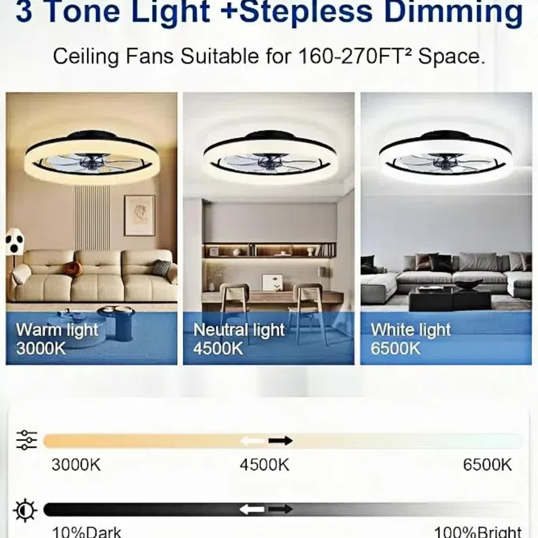 Wentylator sufitowy z oświetleniem, 50 cm, 48 W, 220 V, ściemniana, lampa sufitowa z pilotem zdalnego sterowania i aplikacją, 6 prędkości, z wentylatorem, timerem, do sypialni, salonu, czarny
