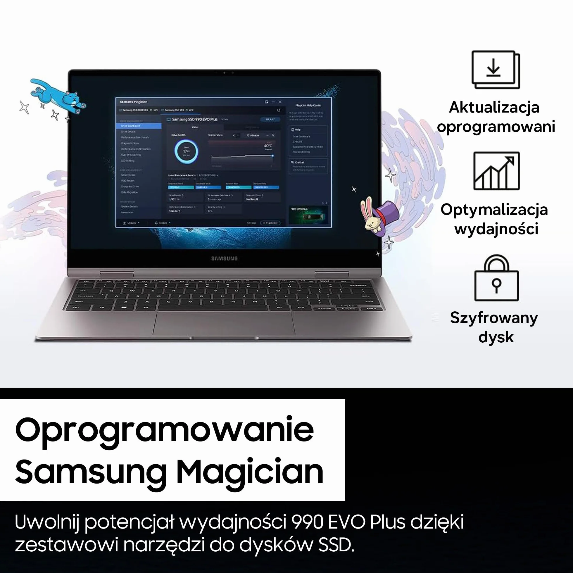 Dysk SSD Samsung 990 EVO Plus NVMe M.2 1 TB, PCIe 4.0 x4 / PCIe 5.0 x2, NVMe 2.0 (2280), odczyt 7150 MB/s, zapis 6300 MB/s, wewnętrzny dysk SSD do gier i edycji grafiki, MZ-V9S1T0BW