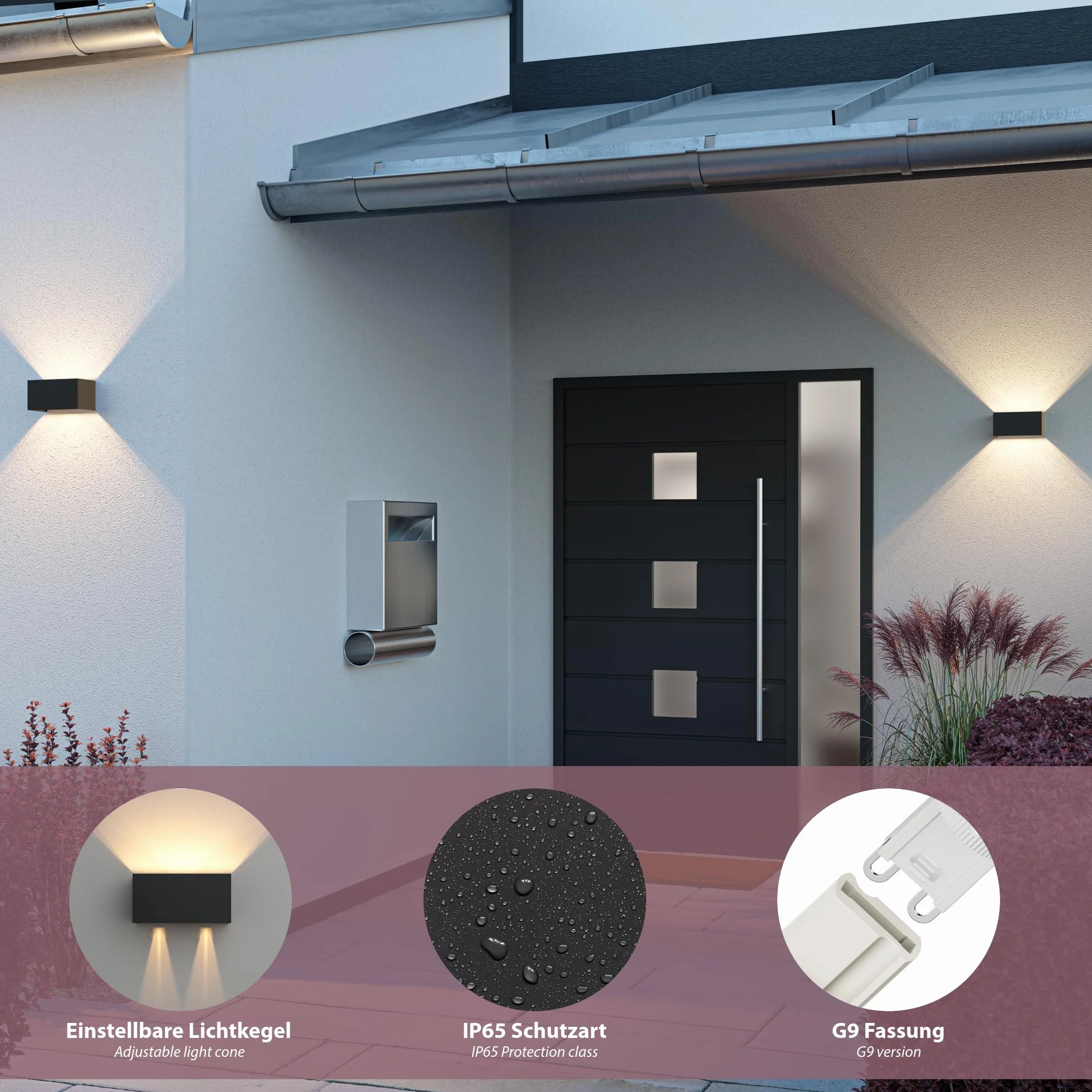ledscom.de Lampa ścienna CUBEL na zewnątrz, IP65, góra/dół, czarny mat, kątowa, 2x G9 maks. 10W