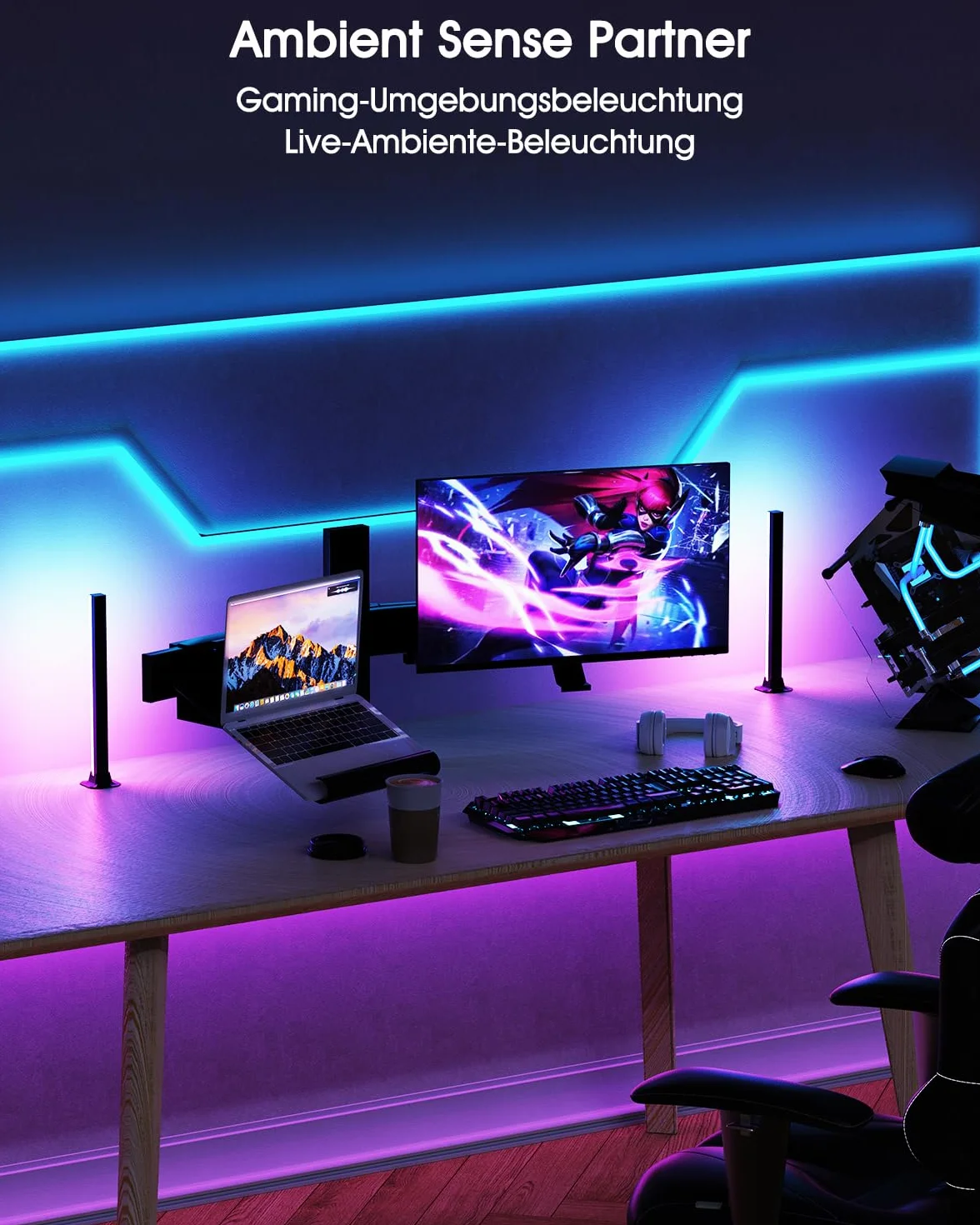 Lampa LED RGB [2 sztuki], lampa gamingowa z podświetleniem tła TV, zasilana przez USB, 42 cm, synchronizacja z muzyką, sterowanie za pomocą aplikacji, lampa otoczenia z pilotem zdalnego sterowania, do