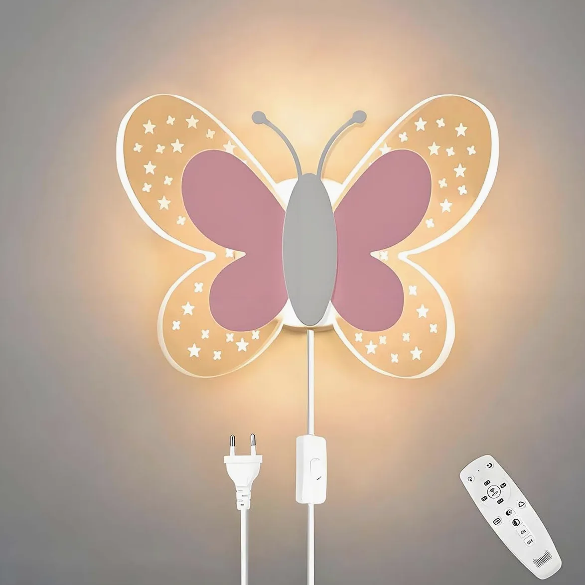 AoLa Lampa ścienna LED 12W z przełącznikiem Ściemnialna lampa ścienna motyl Lampka nocna dla dzieci z kablem Lampka nocna Nowoczesna lampa ścienna z pilotem Wewnętrzna lampa ścienna