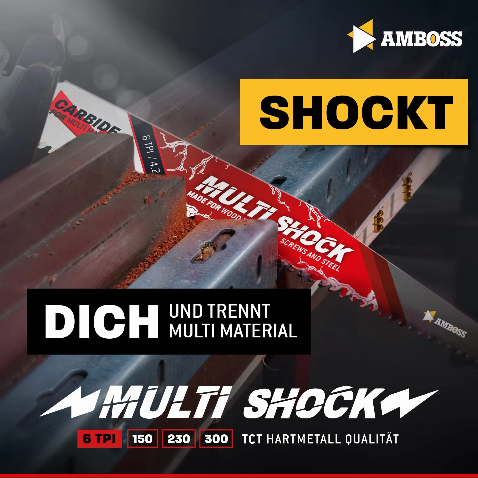 AMBOSS MULTI SHOCK – 10 x brzeszczot do piły szablastej długość 150 mm / 6 ZpZ – idealny do drewna z gwoździami i drewnem ze śrubami oraz stalą – wiele materiałów