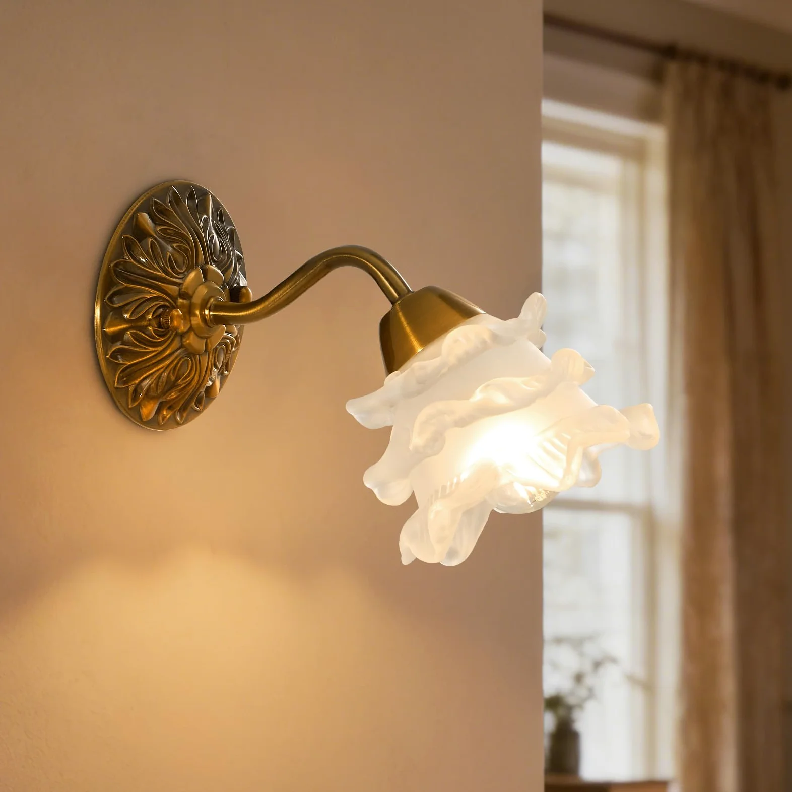 Lampa ścienna w stylu retro, w kształcie kwiatów, w stylu vintage, szklany klosz, E26, w stylu vintage, okablowana, do sypialni, łazienki (żarówki LED w zestawie)