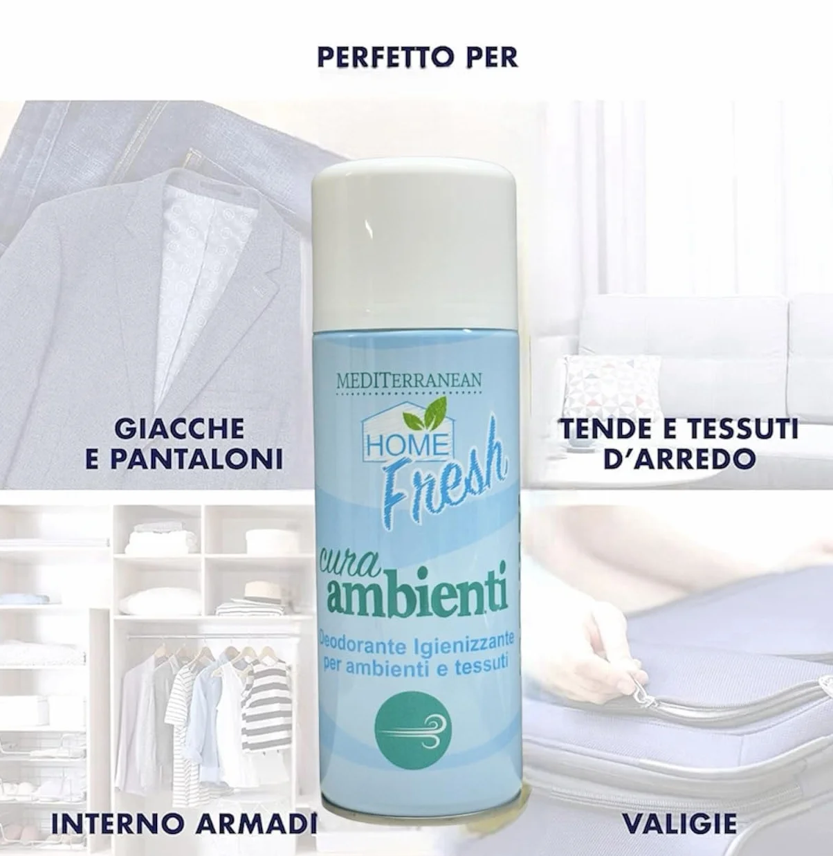 HOME PRO MEDITerranean odświeżacz powietrza w sprayu do dezynfekcji pomieszczeń tekstylia pochłaniacze zapachów, szafa i szuflady eliminuje zapachy, perfumy samochodowe, ubrania 400 ml