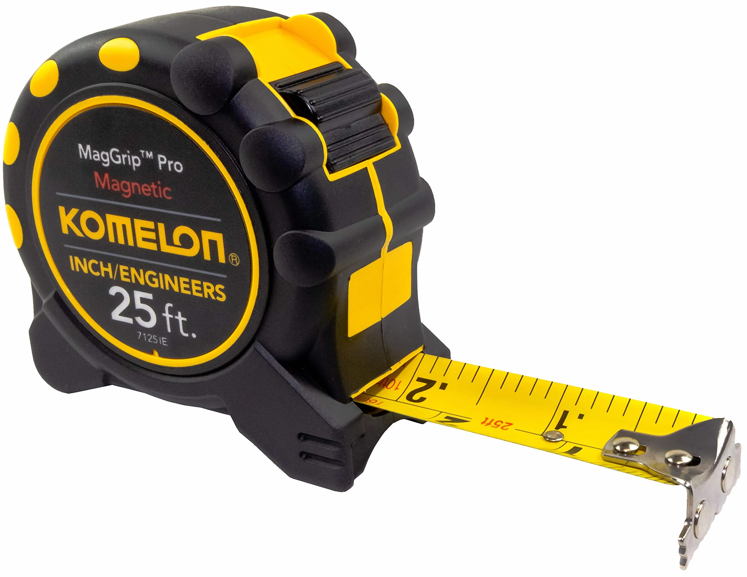 Komelon 7125IE; magnetyczna taśma miernicza MagGrip Pro 25' x 2,5 cm ze skalą inżynierską, żółto-czarna