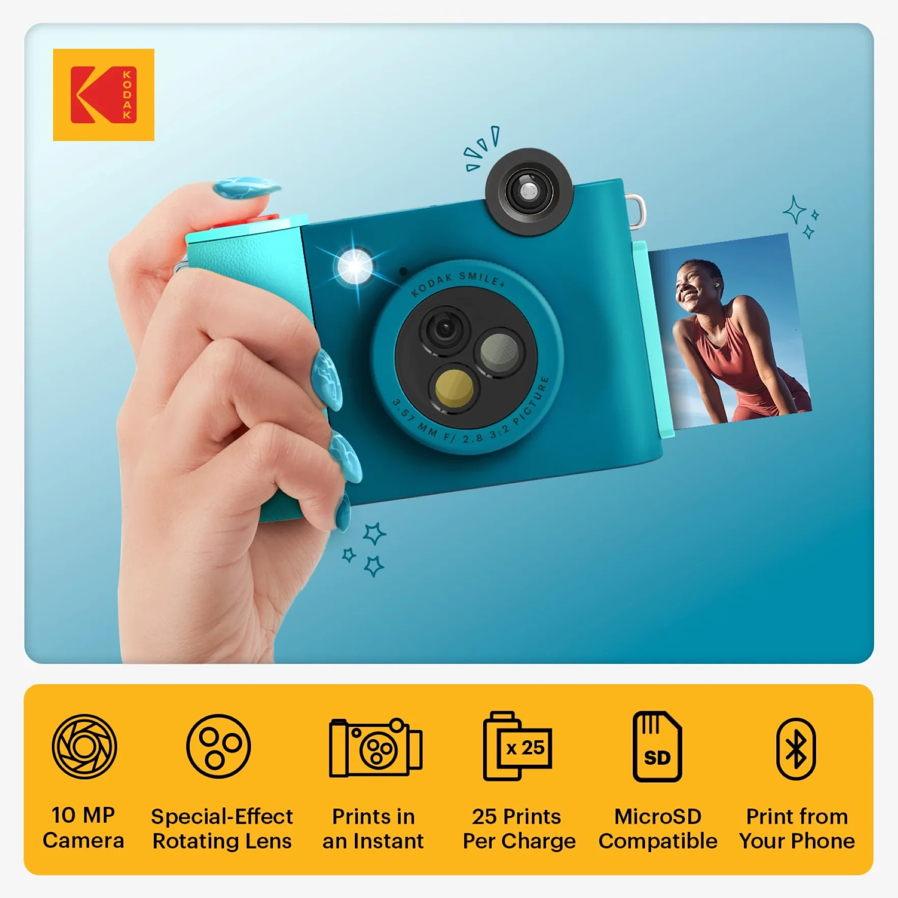KODAK Smile+ Bezprzewodowy cyfrowy aparat do natychmiastowego druku z obiektywem zmieniającym efekt Papier fotograficzny ZINK 5 x 7,5 cm, kompatybilny z urządzeniami iOS i Android - niebieski, Blue