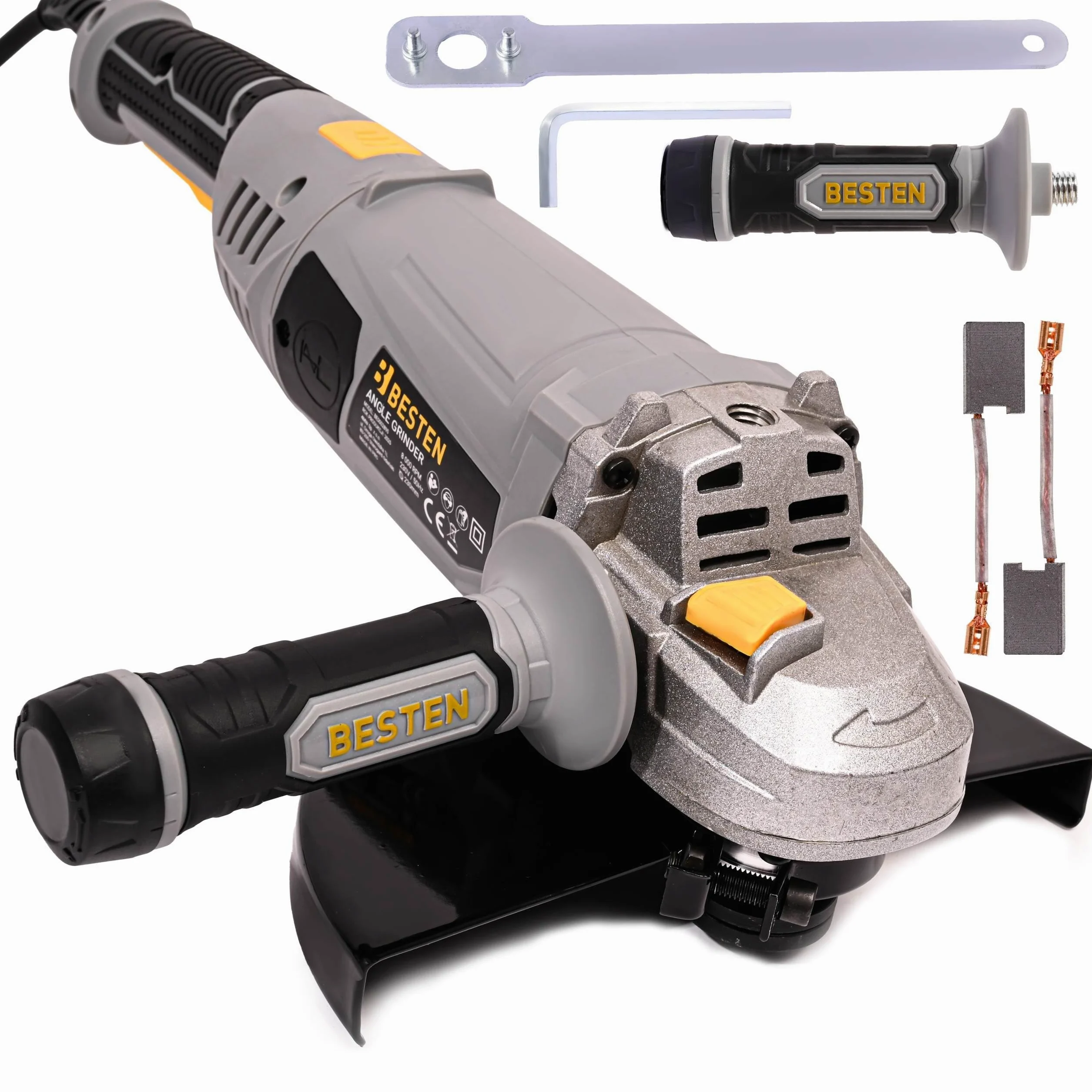 Szlifierka kątowa 230 mm • 2400 W • 6500 obr/min • Soft Start • gwint M14 • rękojeść obrotowa 180° • uchwyt 3-pozycyjny • walizka • BESTEN BE0002930