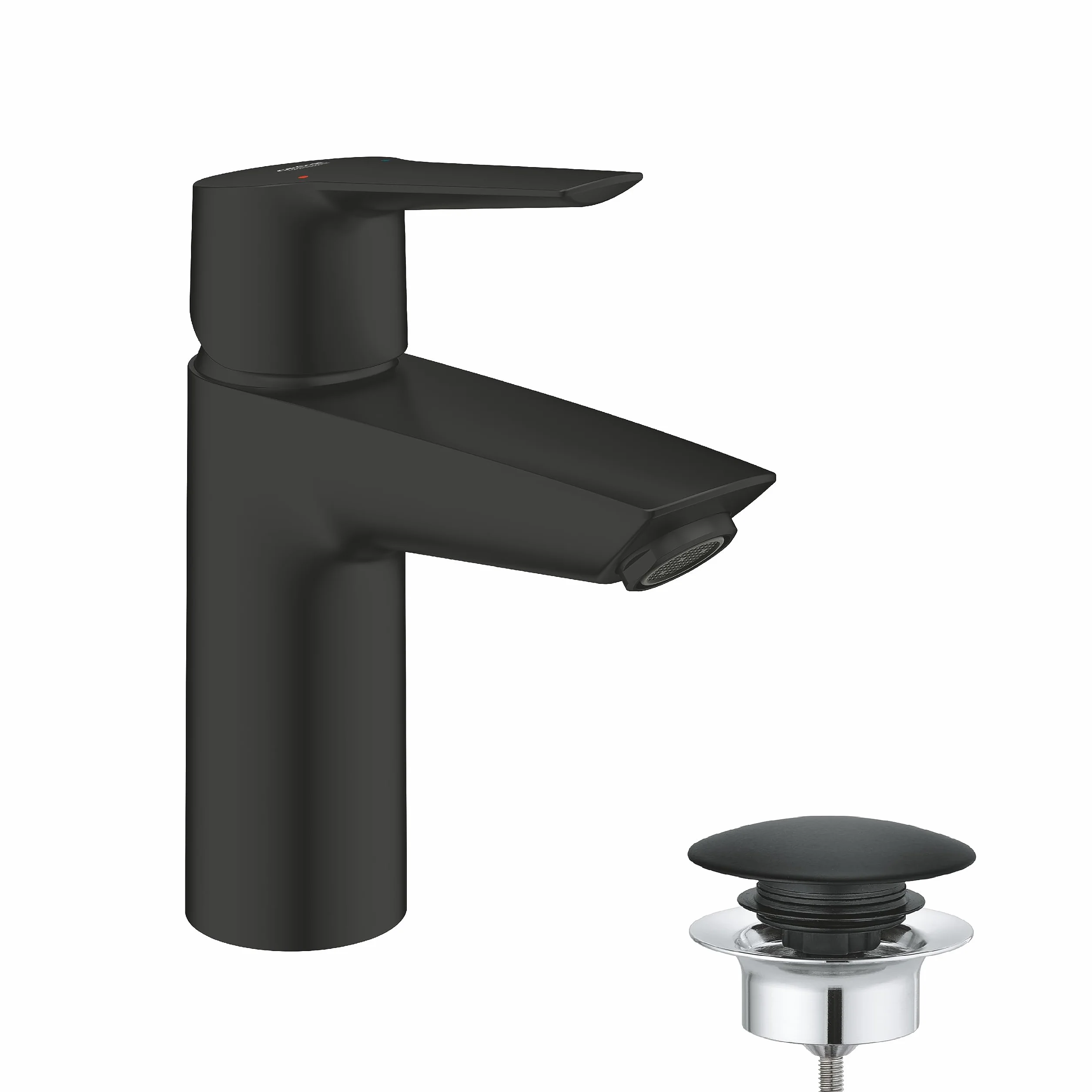 GROHE Start - bateria łazienkowa oszczędzająca wodę (wysokość 17 cm, z zestawem odpływowym Push-open, z narzędziem montażowym), matowa czerń, 235502432