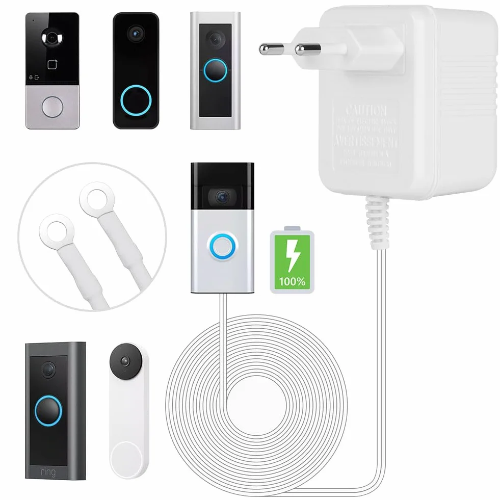 Transformator dzwonka do drzwi, 24 V, 500 mA, transformator, wideo-dzwonek do drzwi, zasilacz do większości wersji Ring Doorbell, kabel o długości 8 m (315")