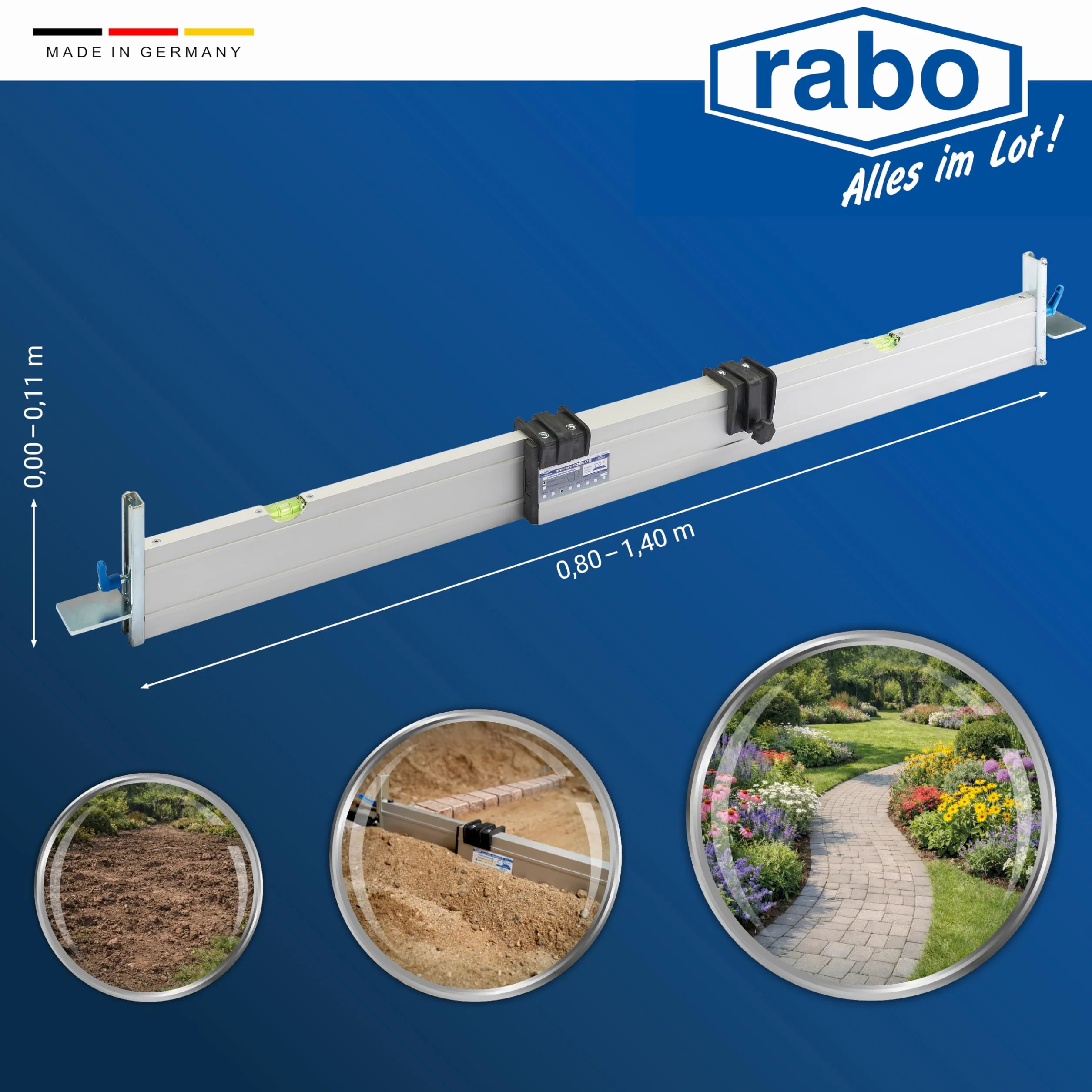 RABO Łata poziomująca 0,80–1,40 m regulowana | do wyrównywania żwiru, kruszywa i piasku | z 2 ogranicznikami wysokości profil C (0–11 cm) | aluminium anodowane, jakość profesjonalna