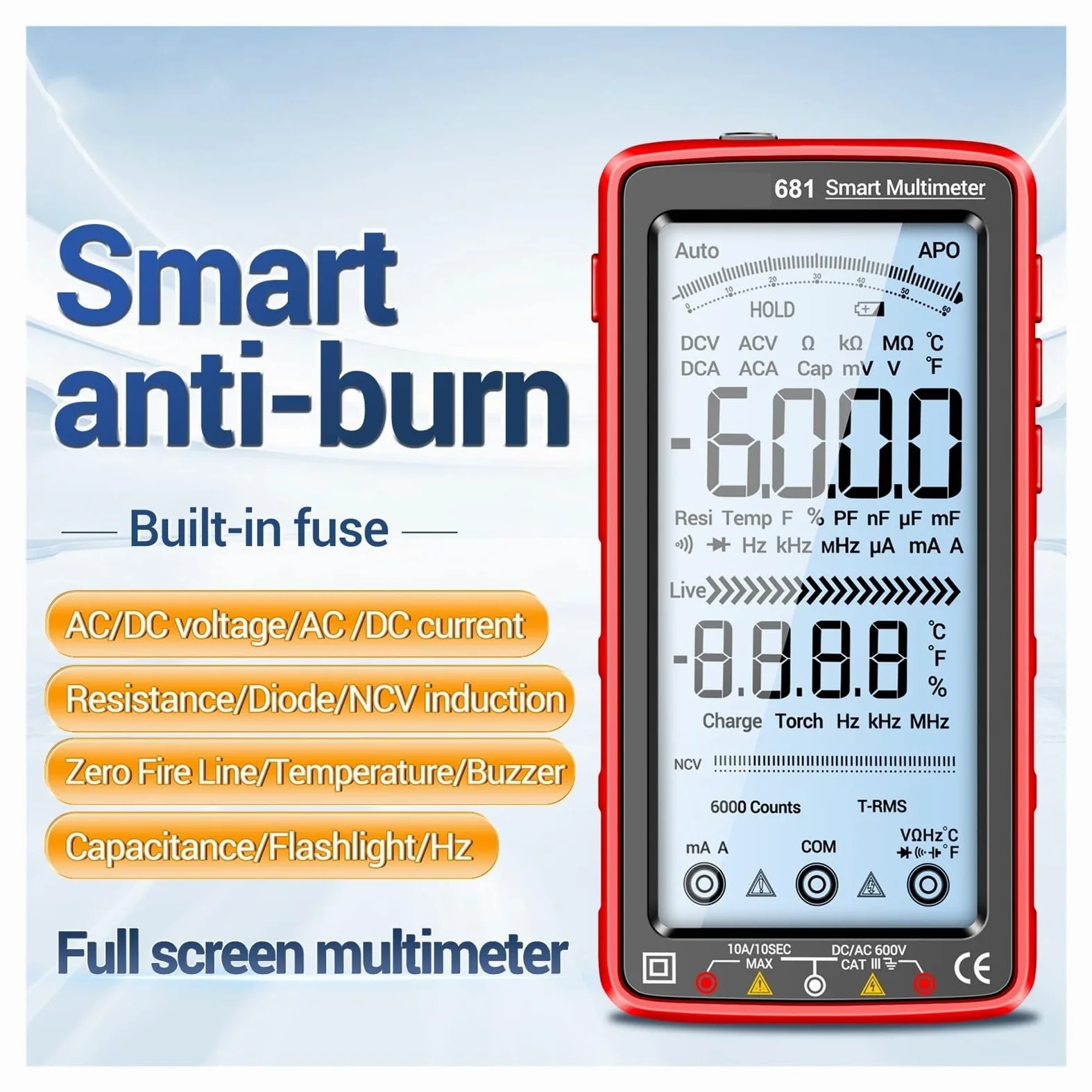 Multimetr Cyfrowy 6000 Zliczeń Smart Anti-burn Recharg Uniwersalny Miernik Tester NCV 5-calowa Podświetlana Latarka LCD(683 Red)