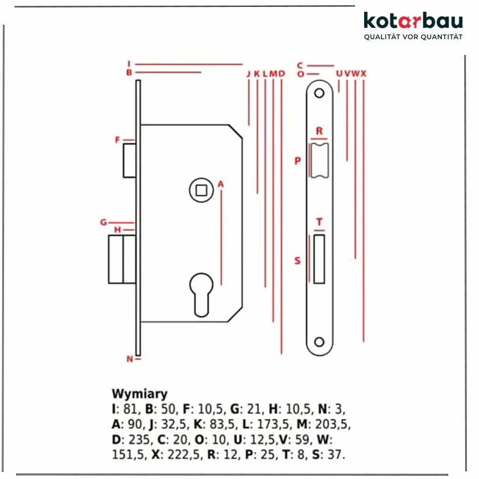 KOTARBAU® Zamek wpuszczany do drzwi wewnętrznych, 90 x 50 mm, wersja z blokadą uniwersalną z prawej i lewej strony