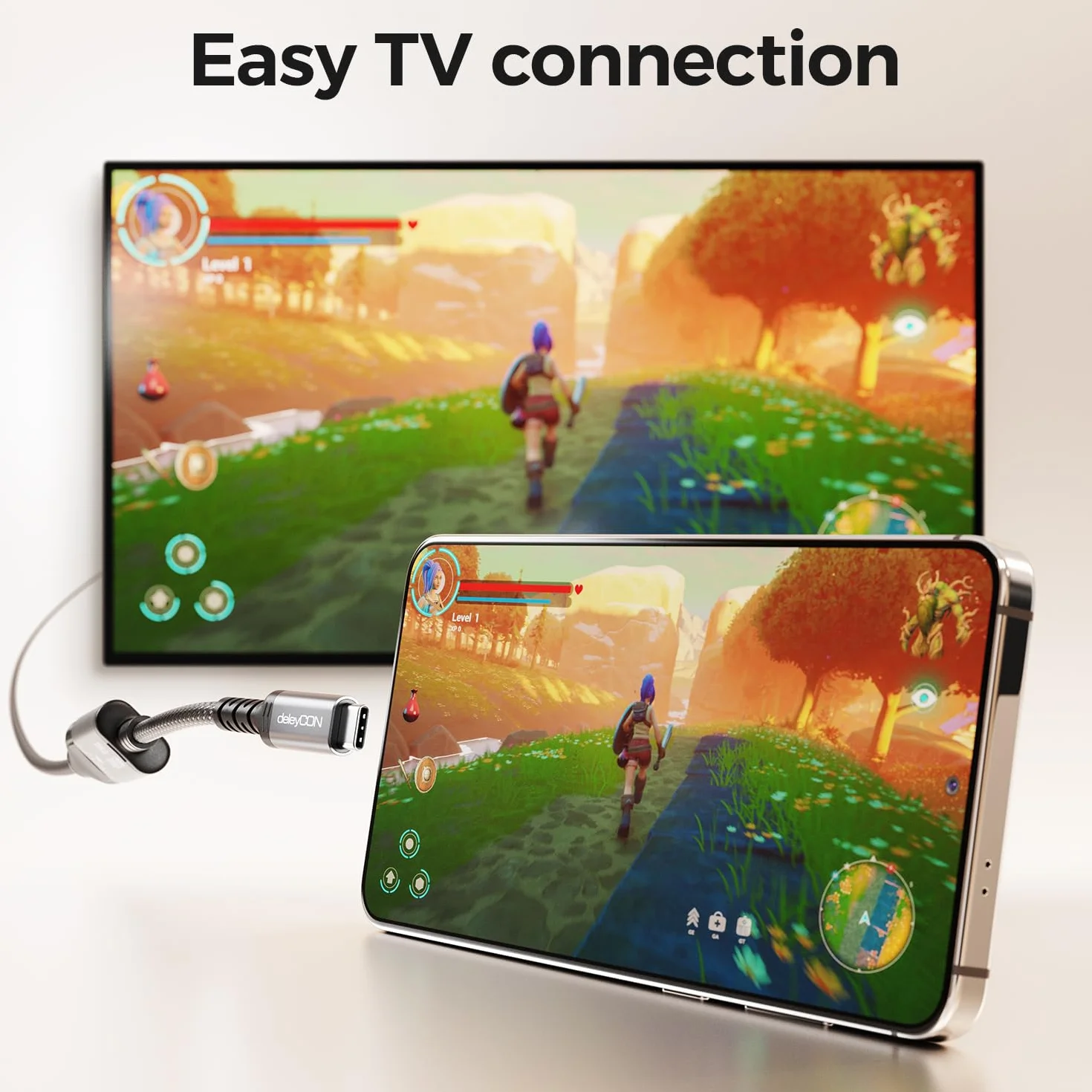 deleyCON Adapter Kabel USB‑C na HDMI - 4K UHD 60Hz - Aluminiowy, Pleciony - do Monitorów/TV/Projektorów HDMI - Kompatybilny z Thunderbolt 3/4, iPhone 17/16/15, MacBook, iPad Pro/Air, Galaxy S25/S24