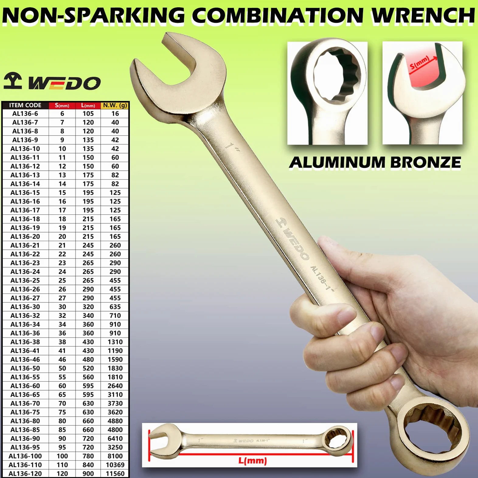 WEDO Klucz płasko-parkingowy, klucz bezpieczeństwa bez iskier, brąz aluminiowy, standard DIN, certyfikat BAM i FM, 24 x 265 mm