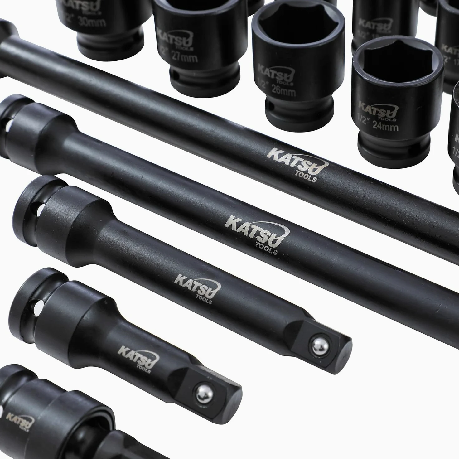KATSU Tools Zestaw 43 szt. wytrzymałych nasadek udarowych 1/5.1 cm Napęd 6-punktowy 9-30 mm metryczny standardowy/głęboki zestaw nasadek udarowych, stal stopowa chromowo-wanadowa, narzędzie