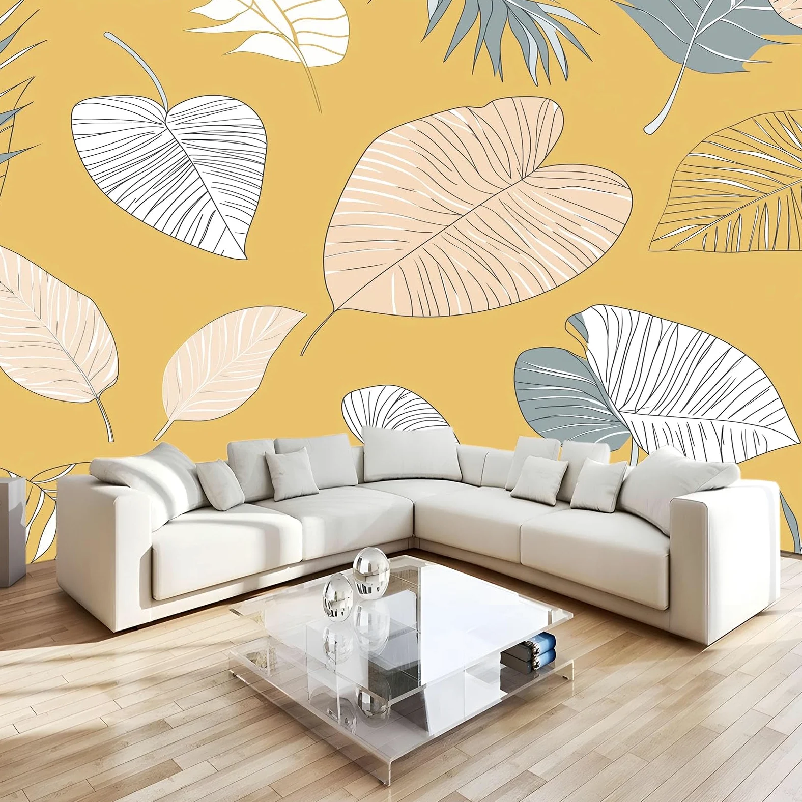 Fototapeta z motywem tropikalnych liści, kwiatów, minimalistyczna tapeta 250 x 175 cm, efekt 3D, obraz ścienny, tapeta ścienna, nowoczesna tapeta ścienna, do salonu, pokoju dziecięcego, sypialni, tło