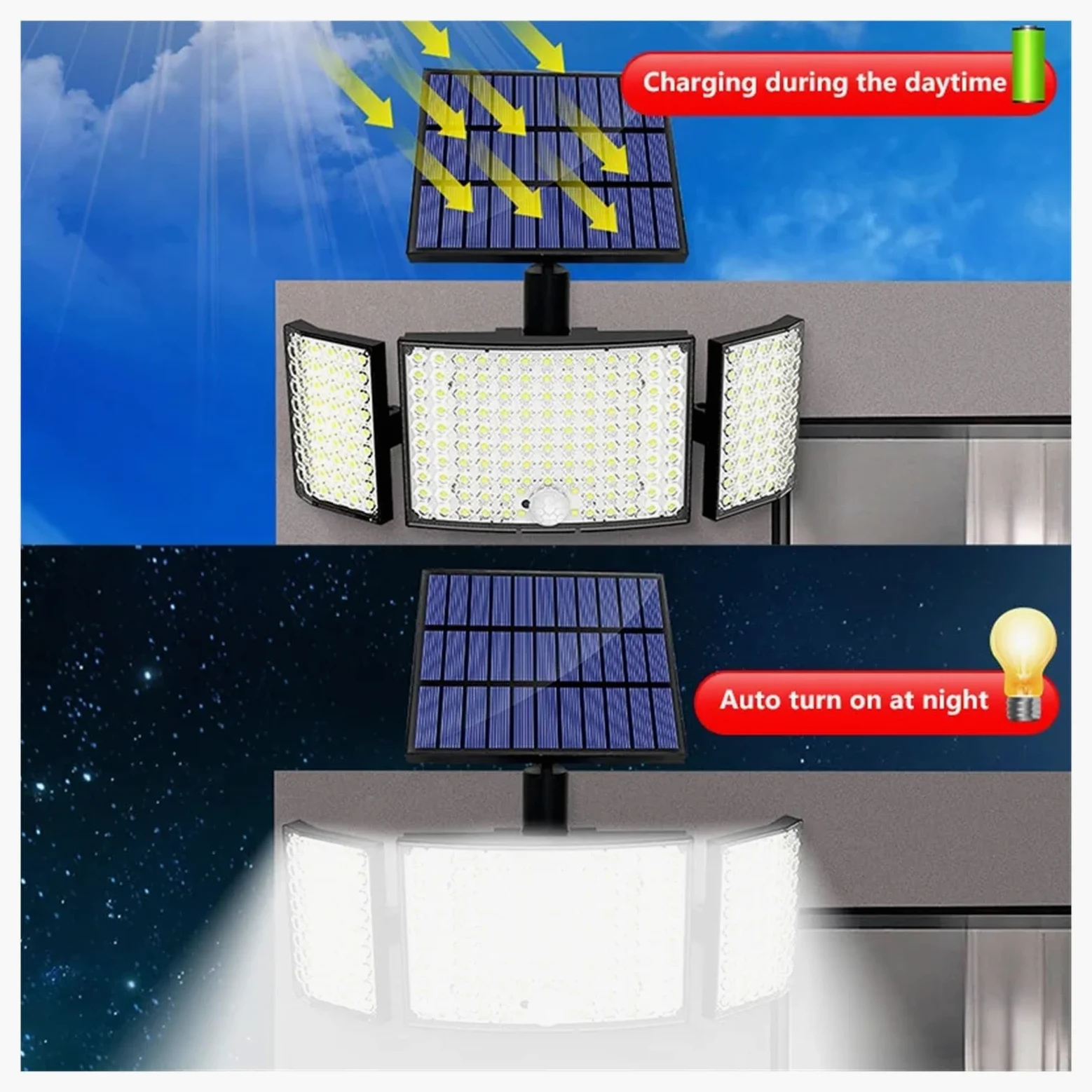 Lampa solarna zewnętrzna, 234 LED Solar Security Lights IP65 Wodoodporna lampa ścienna Split Czujnik ruchu 3 boczne oświetlenie Zewnętrzne oświetlenie przeciwpowodziowe(234 LED)